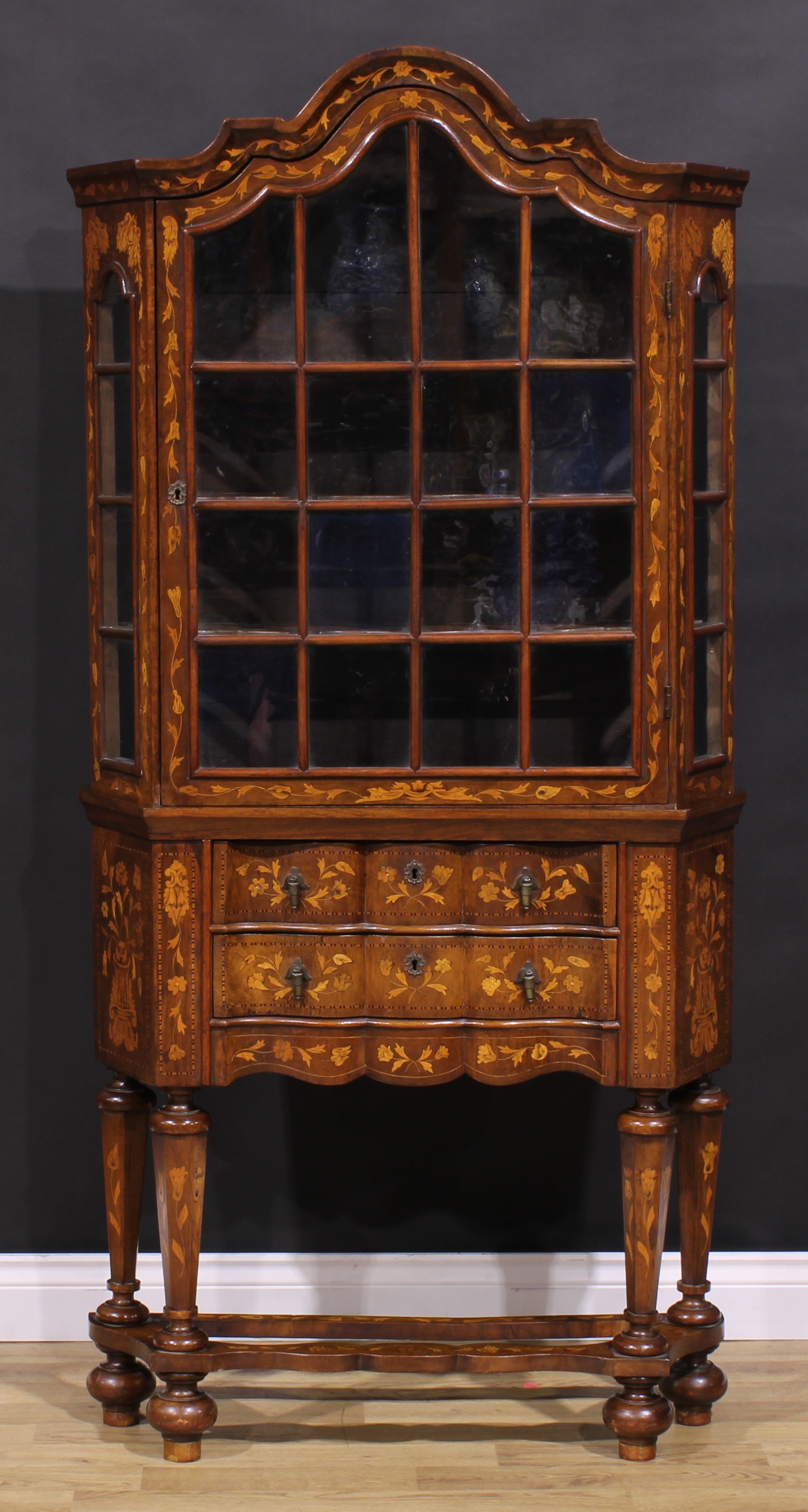 An 18th century style Dutch marquetry display cabinet, of small and neat proportions, arched cornice - Image 2 of 5