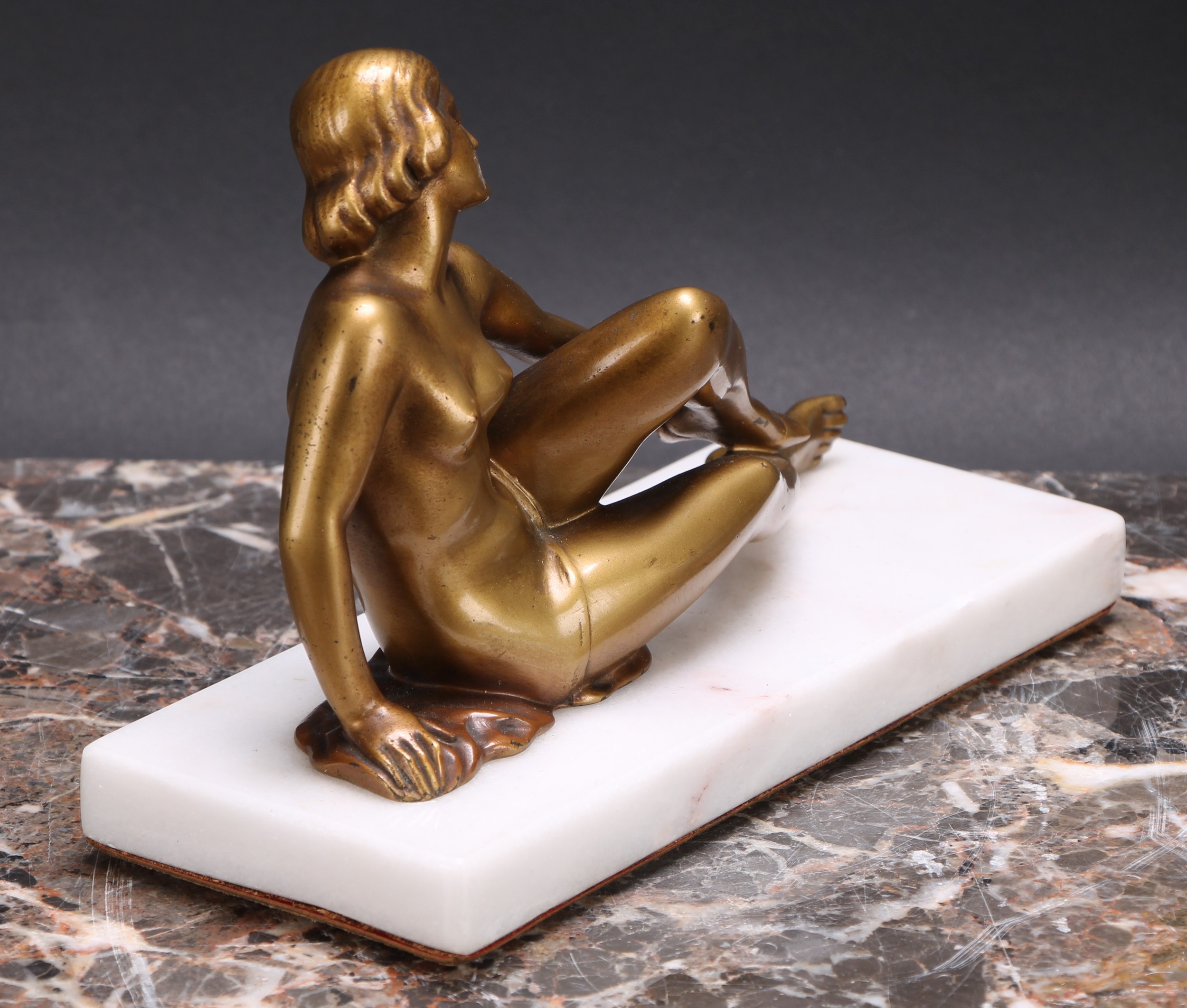 French School (second quarter 20th century), an Art Deco gilt patinated bronze, of a female nude, - Image 2 of 4