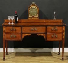A Sheraton Revival satinwood banded mahogany and marquetry serpentine serving table or sideboard,