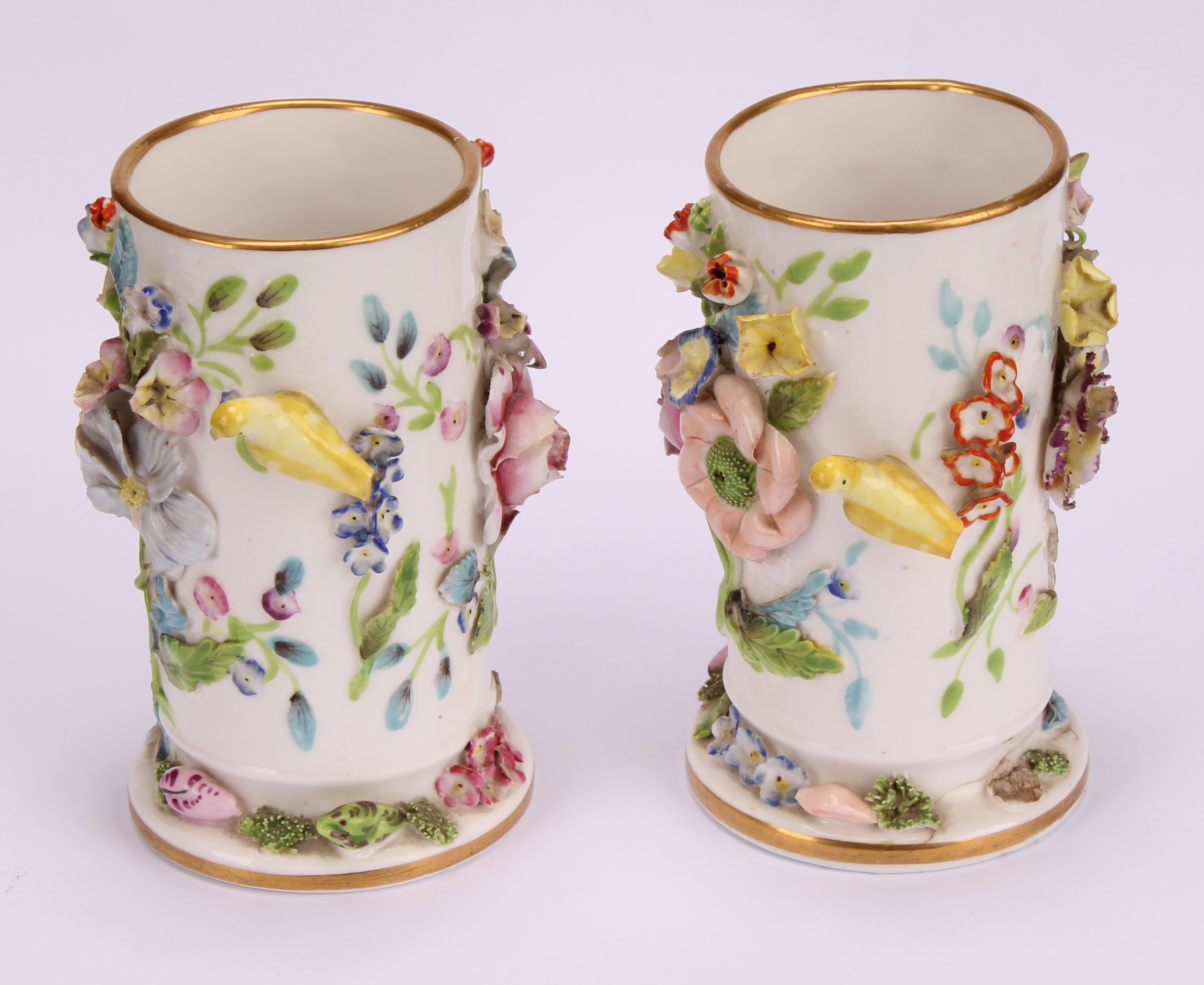 A pair of rare Spode schneeballen style cylindrical vases, encrusted with birds and flowers, 10. - Image 3 of 13