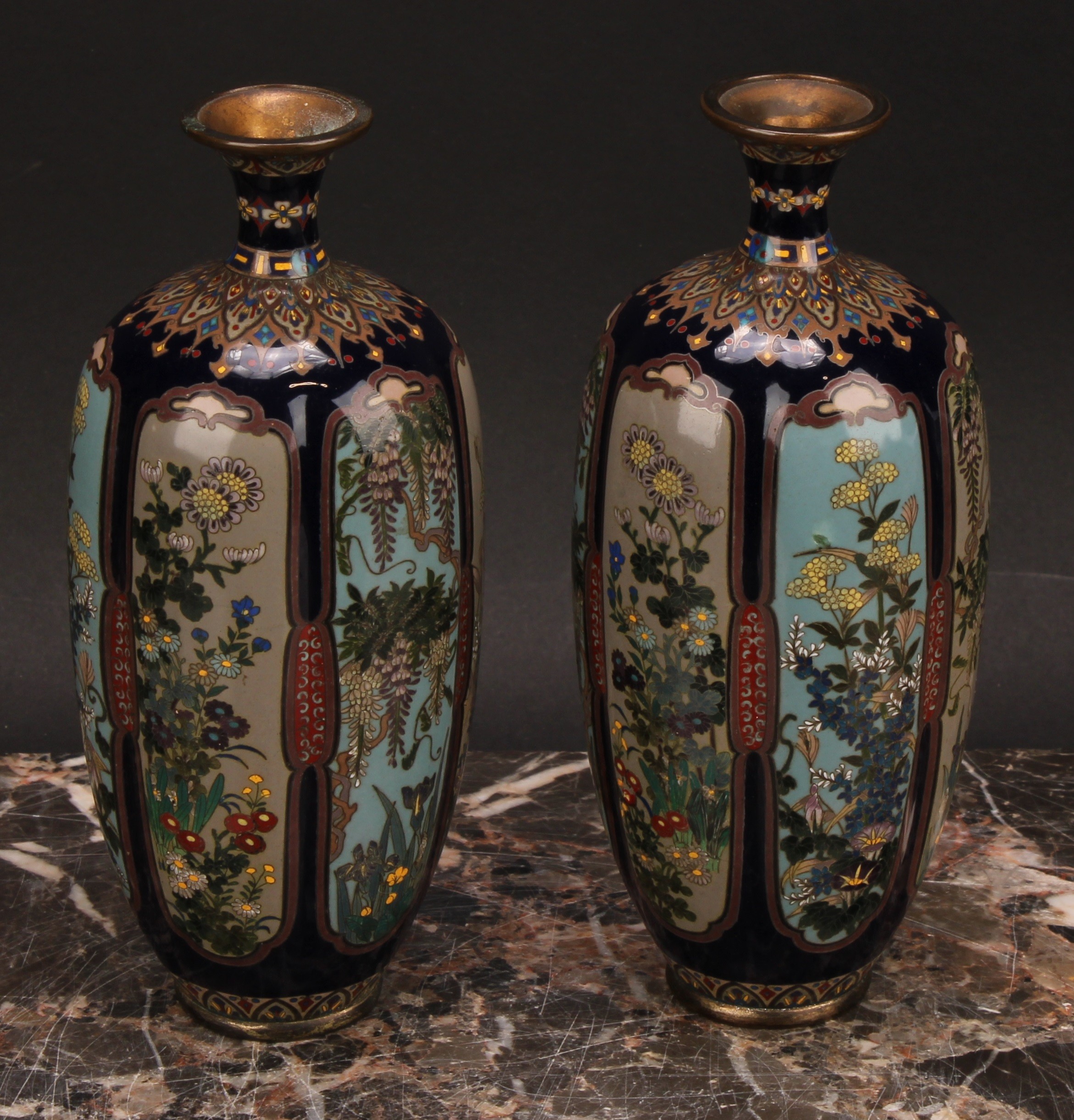 A pair of Japanese cloisonne enamel lobed ovoid vases, painted in polychrome with flowers within - Image 4 of 6