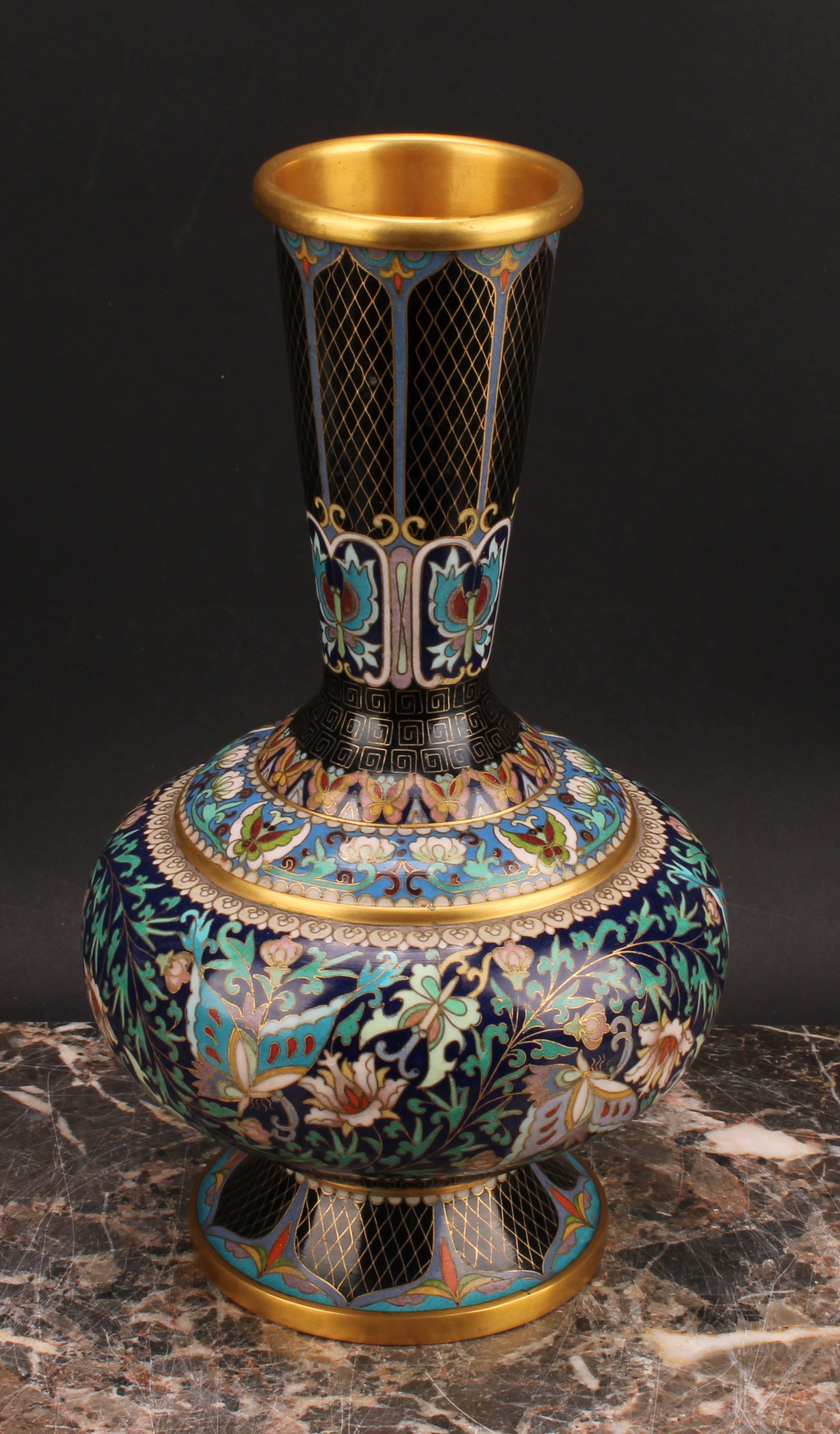 A pair of Chinese cloisonne enamel ovoid pedestal vases, brightly decorated in polychrome with - Image 6 of 6