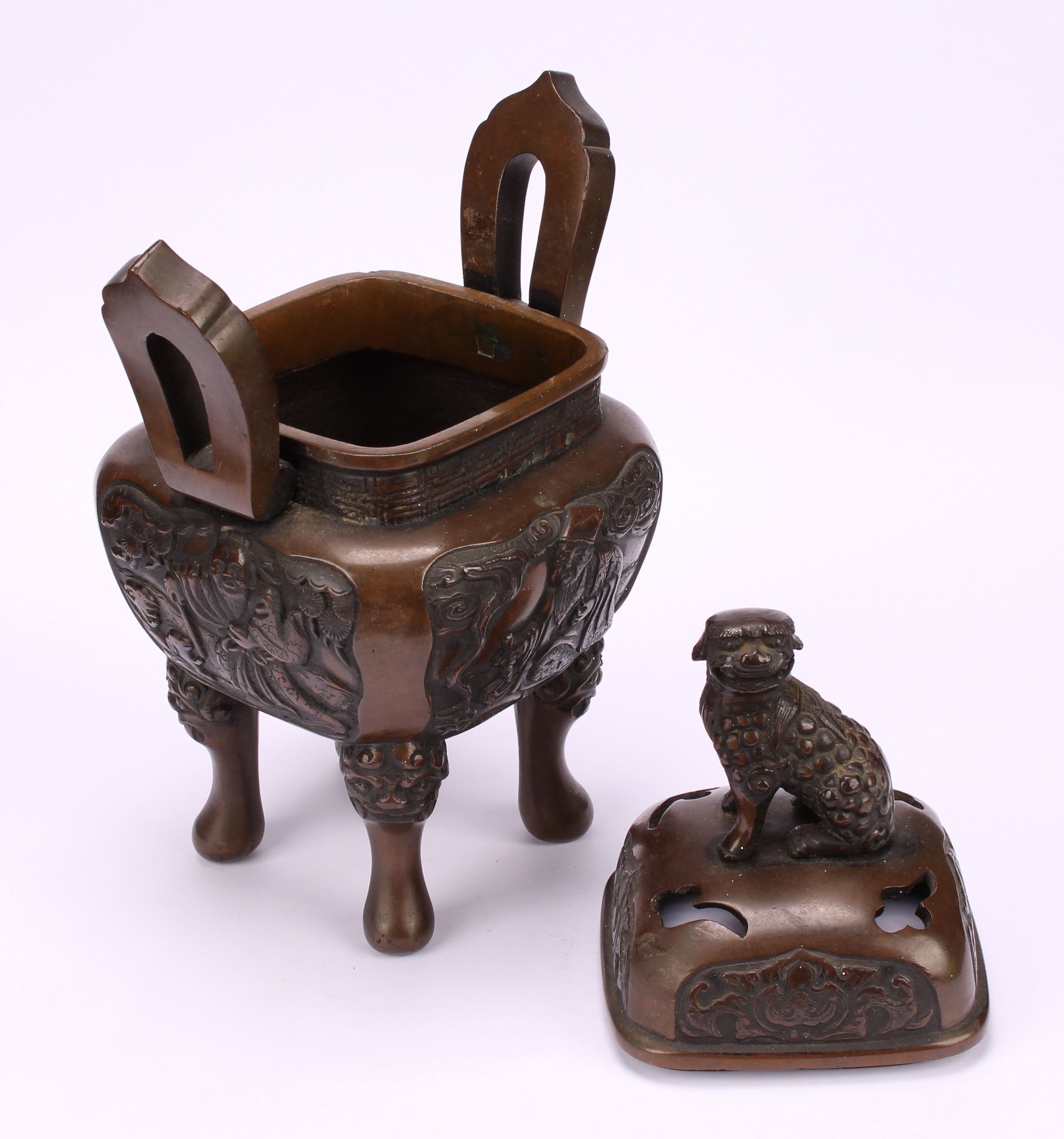 A Chinese bronze censer and cover, surmounted by a temple lion, cast with scholars, shaped loop - Image 4 of 5