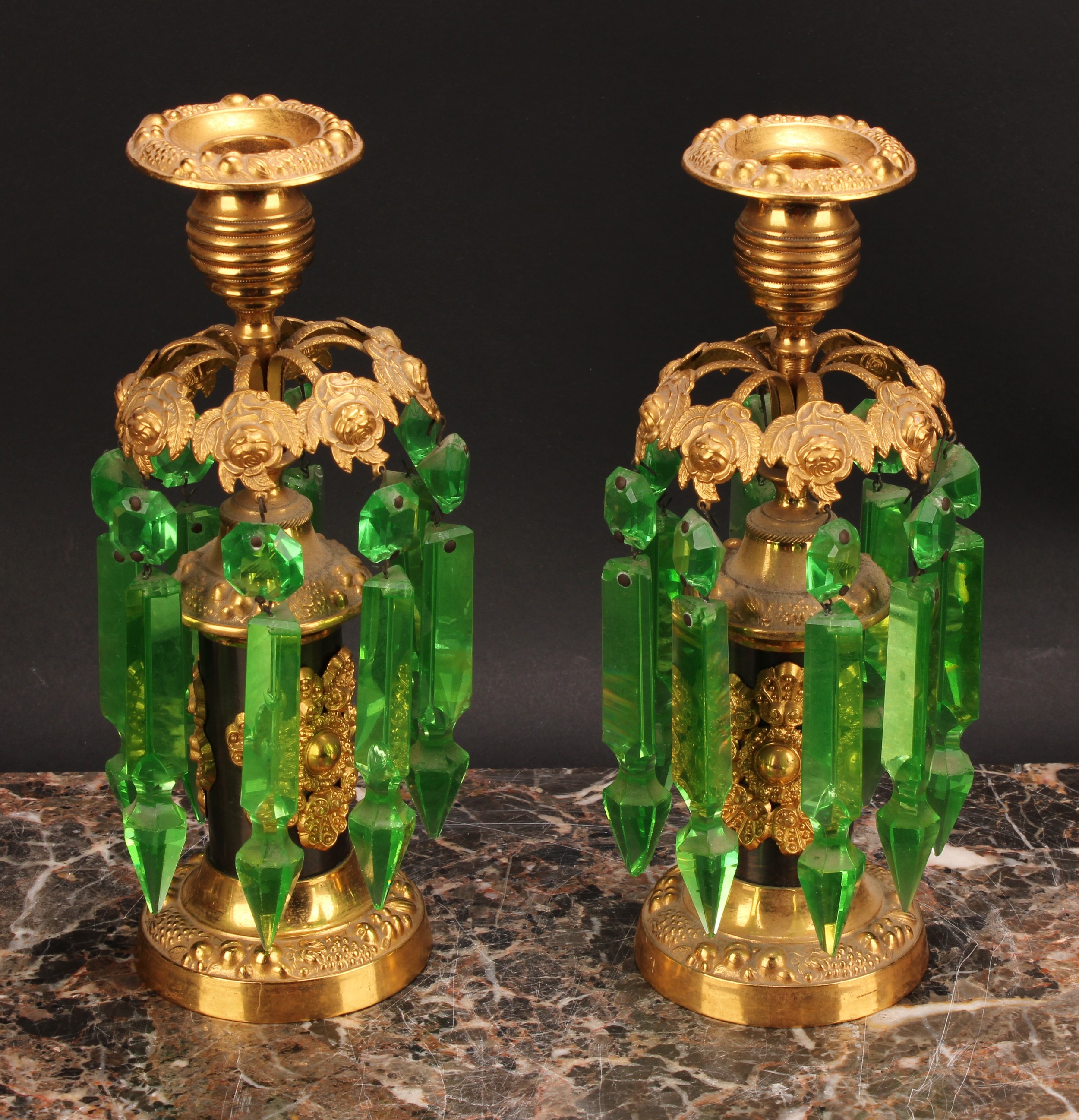 A pair of 19th century dark patinated and gilt metal mantel candle lustres, campana sconces, green - Image 2 of 2