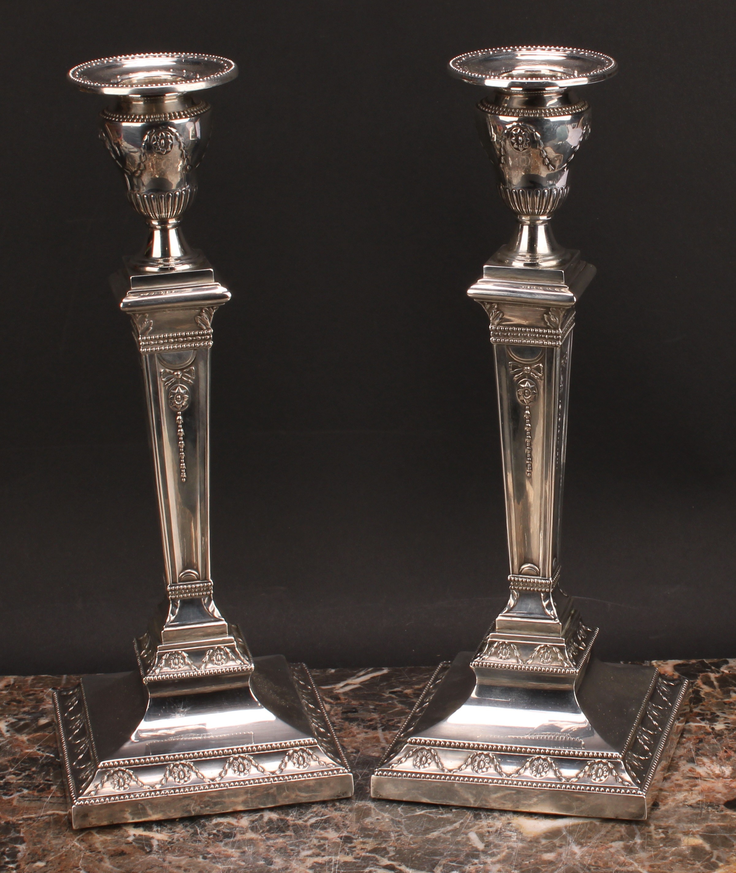 A pair of large Victorian Adam Revival square table candlesticks, embossed in the Neo-Classical - Image 2 of 8