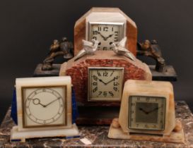 An Art Deco specimen marble mantel timepiece, 8.5cm square clock dial inscribed with Arabic