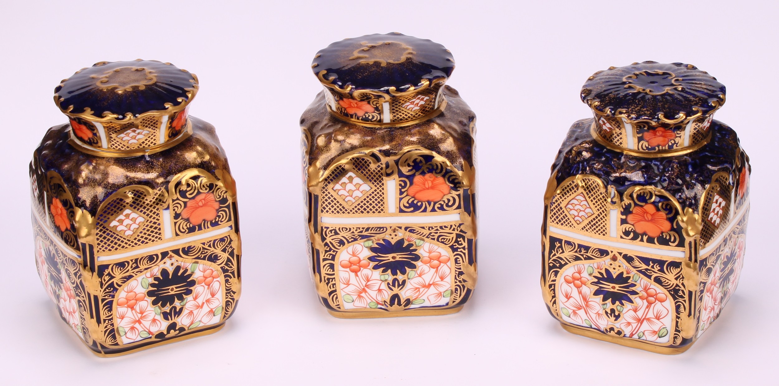 A set of three Royal Crown Derby 1128 pattern shaped rectangular caddies, shaped circular covers, - Image 3 of 19