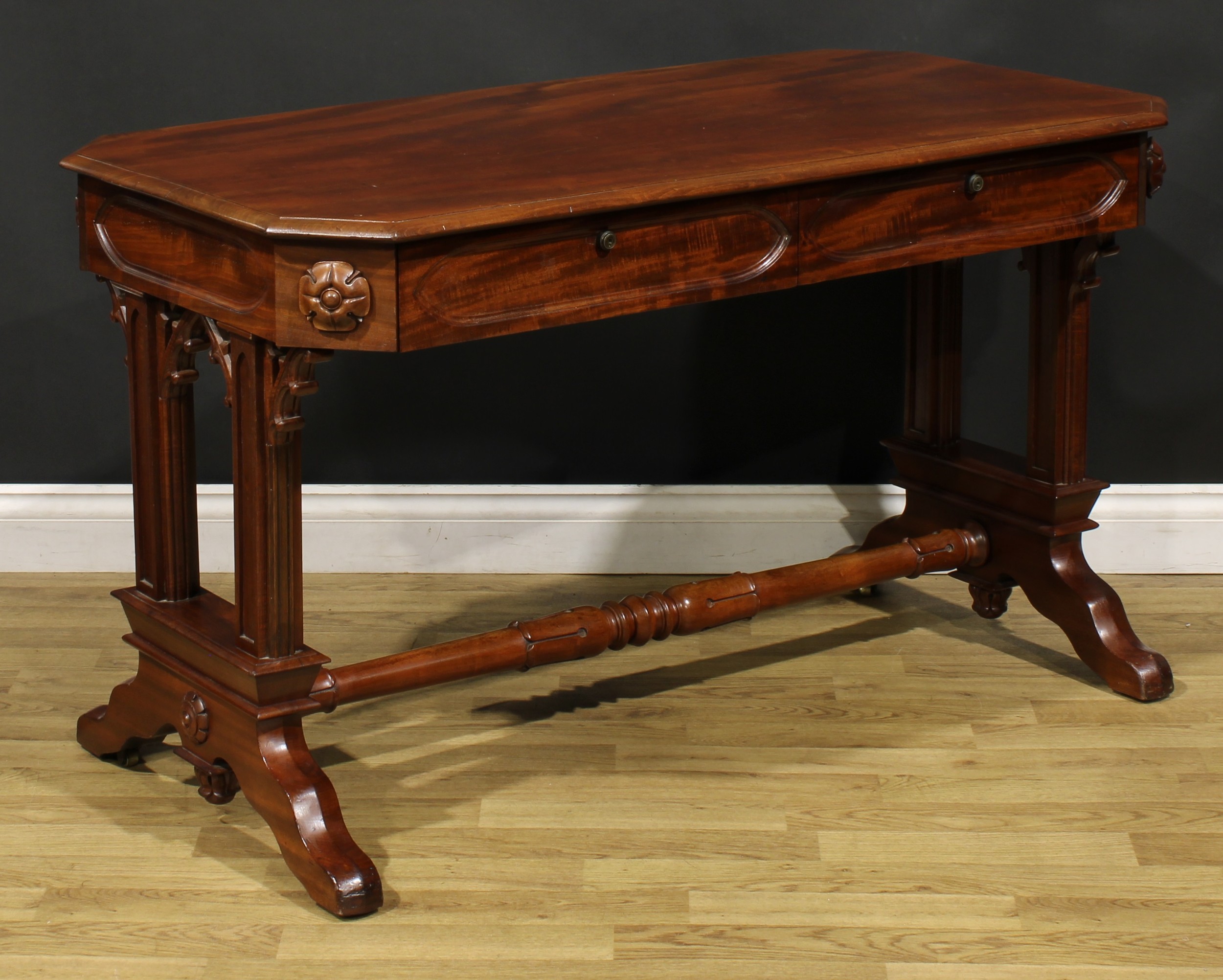 A Post-Regency Gothic Revival mahogany library table, canted rectangular top with moulded edge above - Image 3 of 6