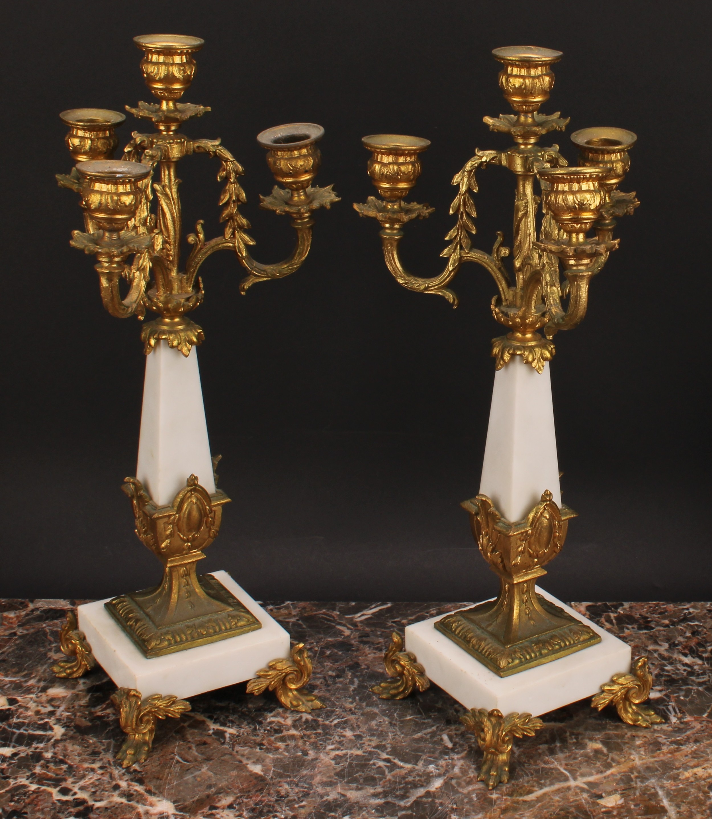 A pair or Louis XVI style gilt metal mounted three branch four light candelabrum, 38cm high - Image 4 of 4
