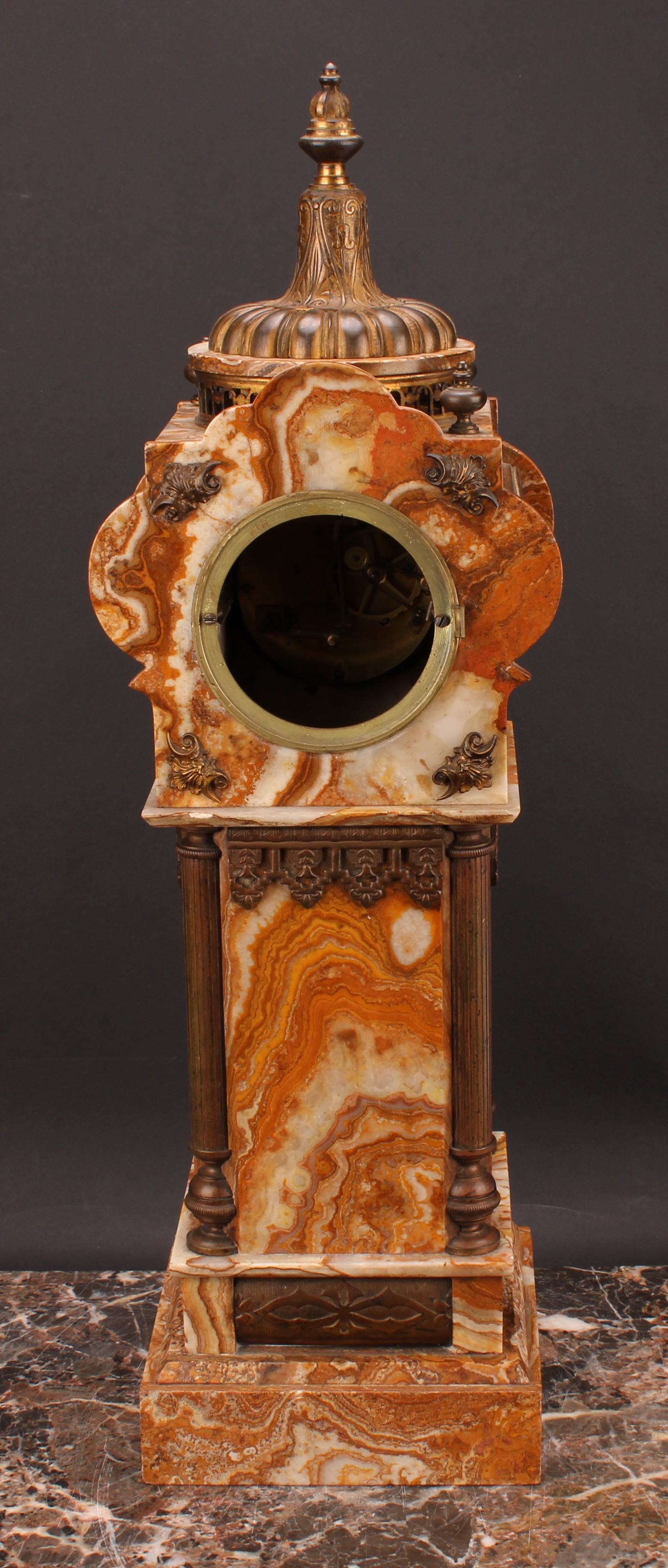 A late 19th century gilt metal mounted onyx tower-form architectural library clock, 8.5cm enamel - Image 4 of 4