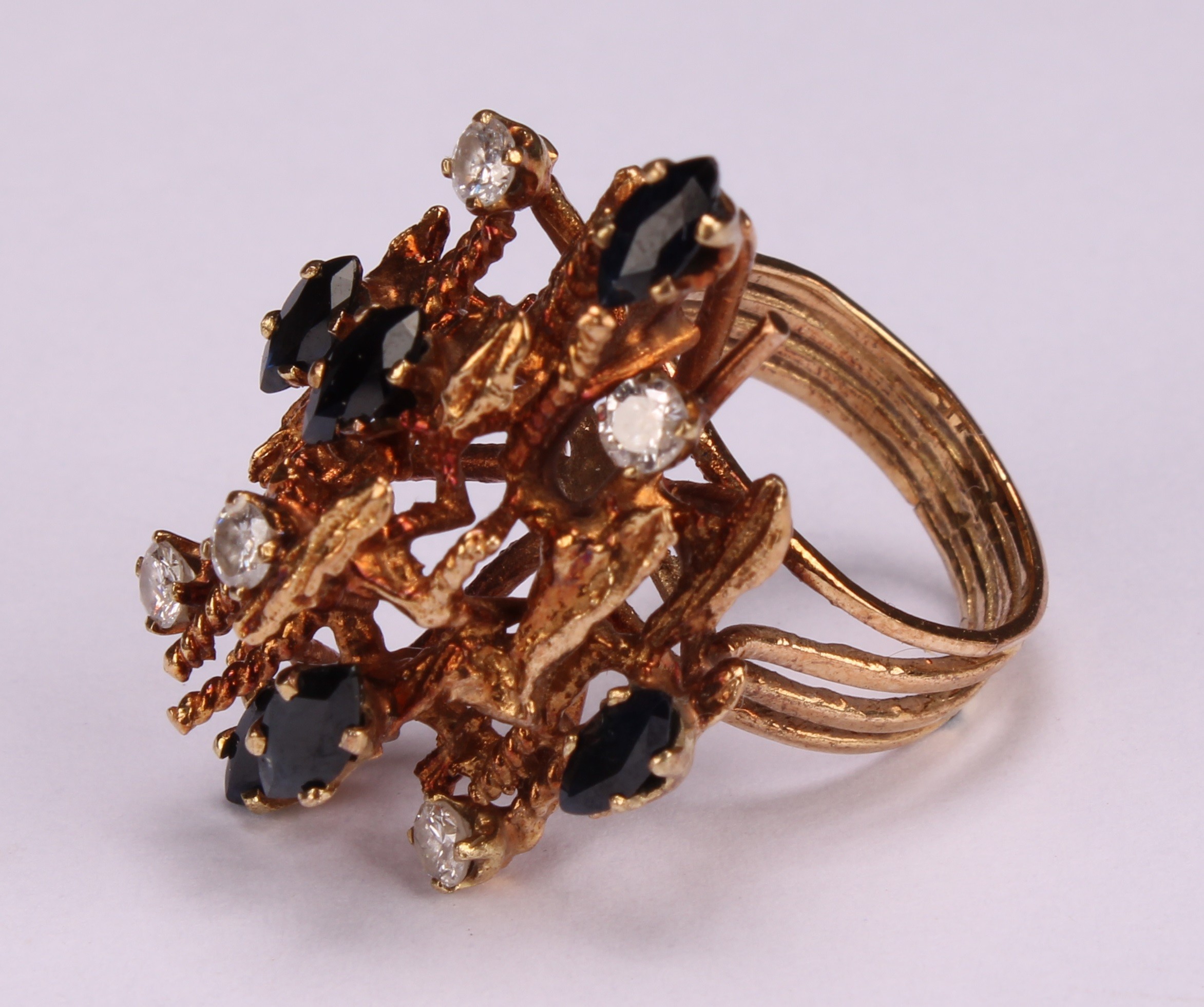 A mid 20th century modernist diamond and sapphire cluster ring, set with four round brilliant cut - Image 3 of 5