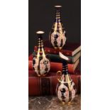 A pair of Royal Crown Derby 1128 Imari pattern ovoid bottle vases, the slender necks moulded with