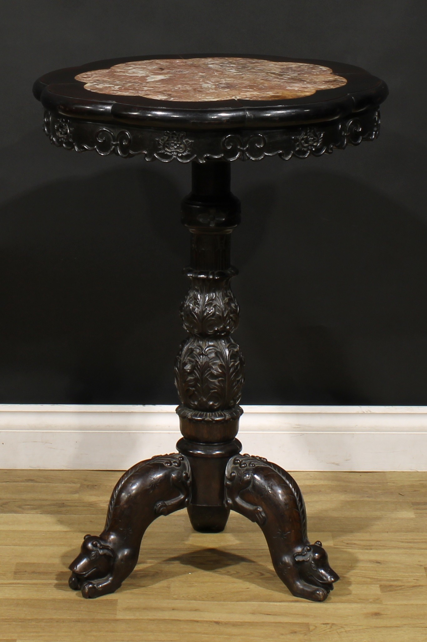 A Chinese hardwood tripod porcelain table, octofoil top with inset marble panel, turned column - Image 2 of 3