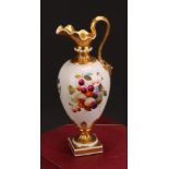 A Bloor Derby pedestal ewer, painted by Thomas Steele, with ripening fruit, gilt neck, handle and