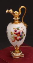 A Bloor Derby pedestal ewer, painted by Thomas Steele, with ripening fruit, gilt neck, handle and