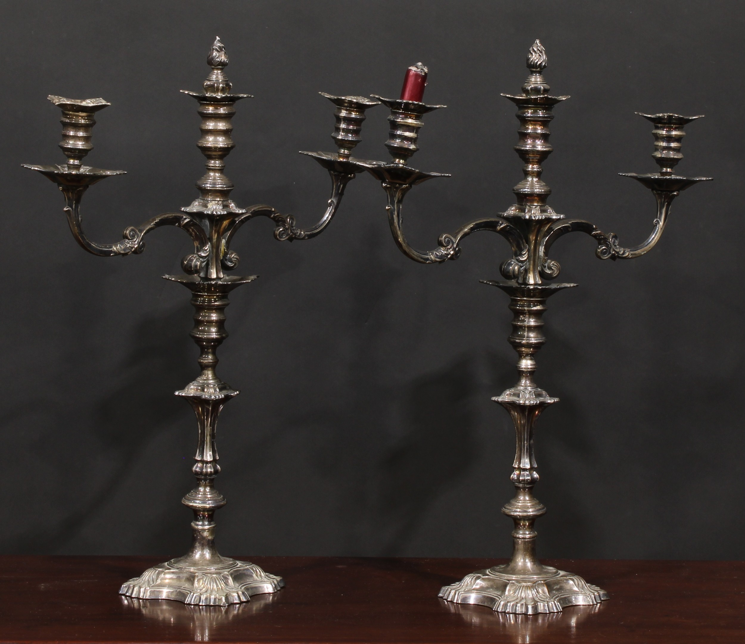 A pair of George II design E.P. on copper three-light table candelabra, knopped pillars, shaped - Image 2 of 3
