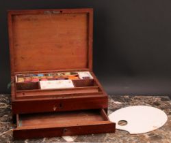 A 19th century mahogany artist's box, hinged cover enclosing a ceramic palette and provision for