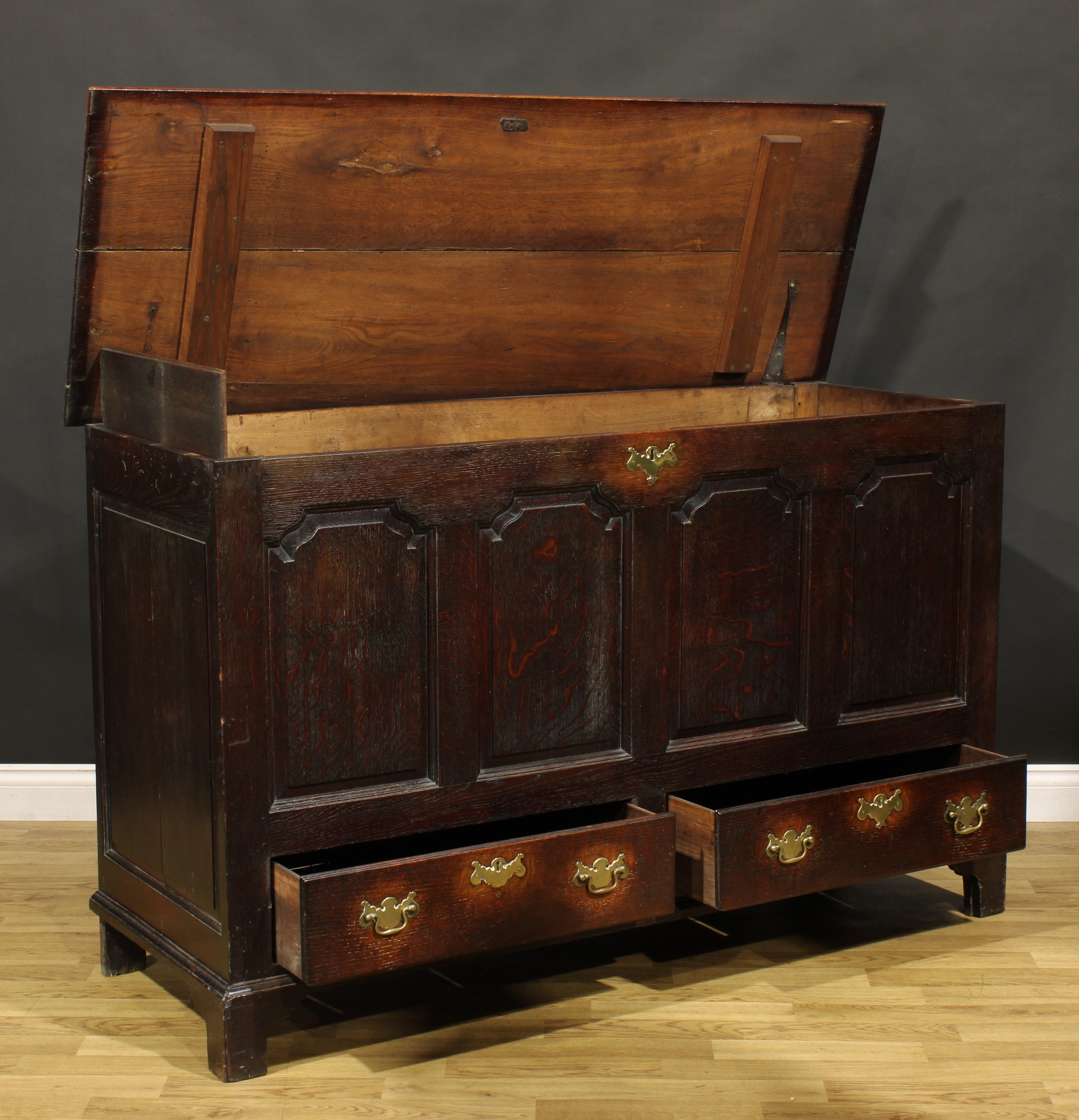 A George III oak mule chest, hinged top with moulded edge, above four shaped raised and fielded - Image 3 of 5