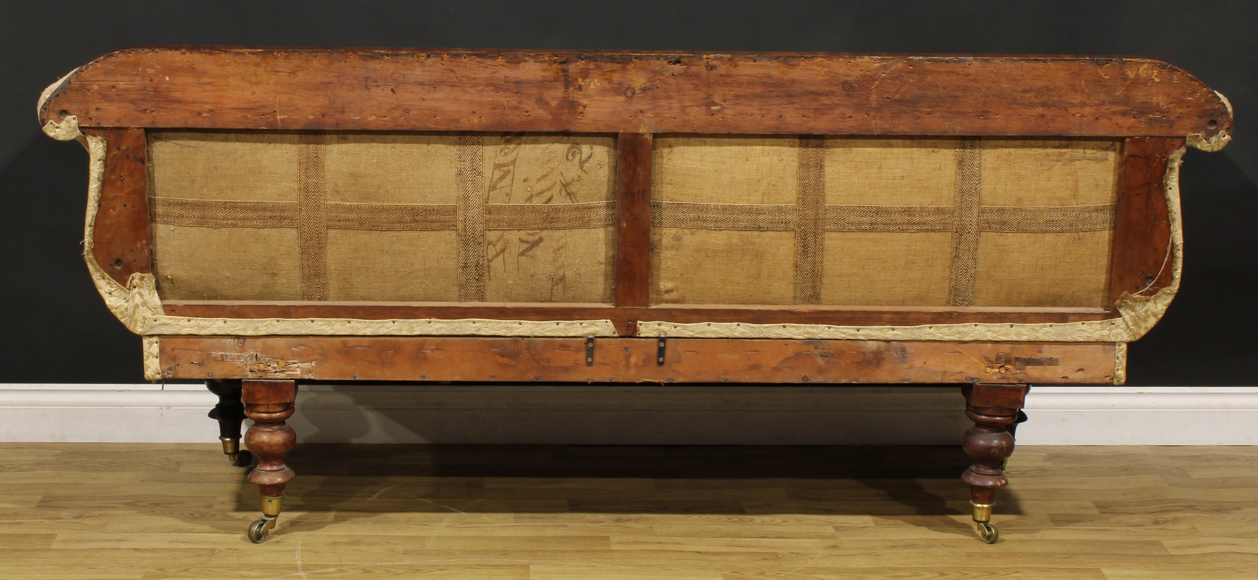 A George/William IV mahogany lyre arm sofa, stuffed-over upholstery, squab cushion, turned legs, - Image 3 of 3
