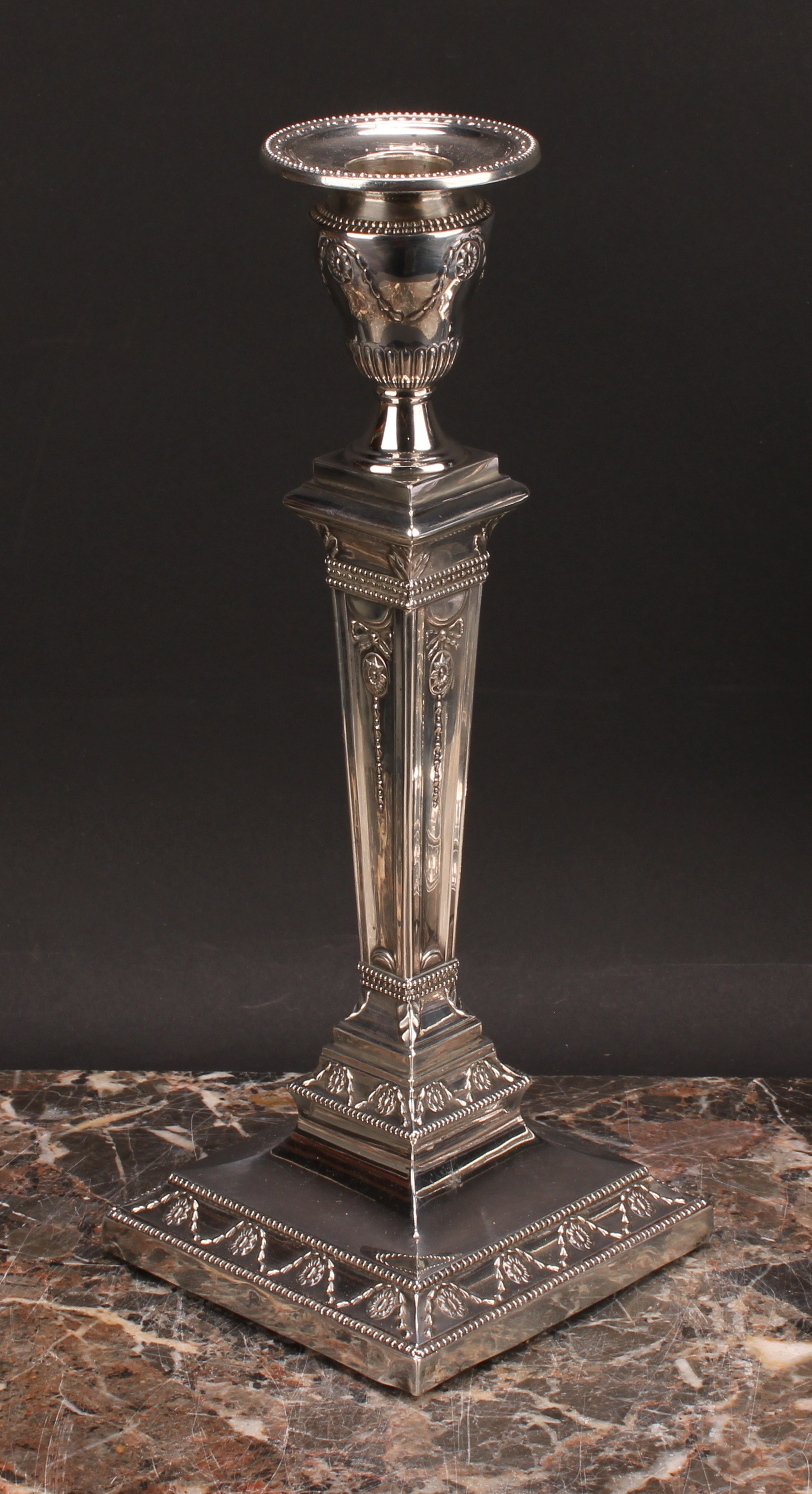 A pair of large Victorian Adam Revival square table candlesticks, embossed in the Neo-Classical - Image 4 of 8