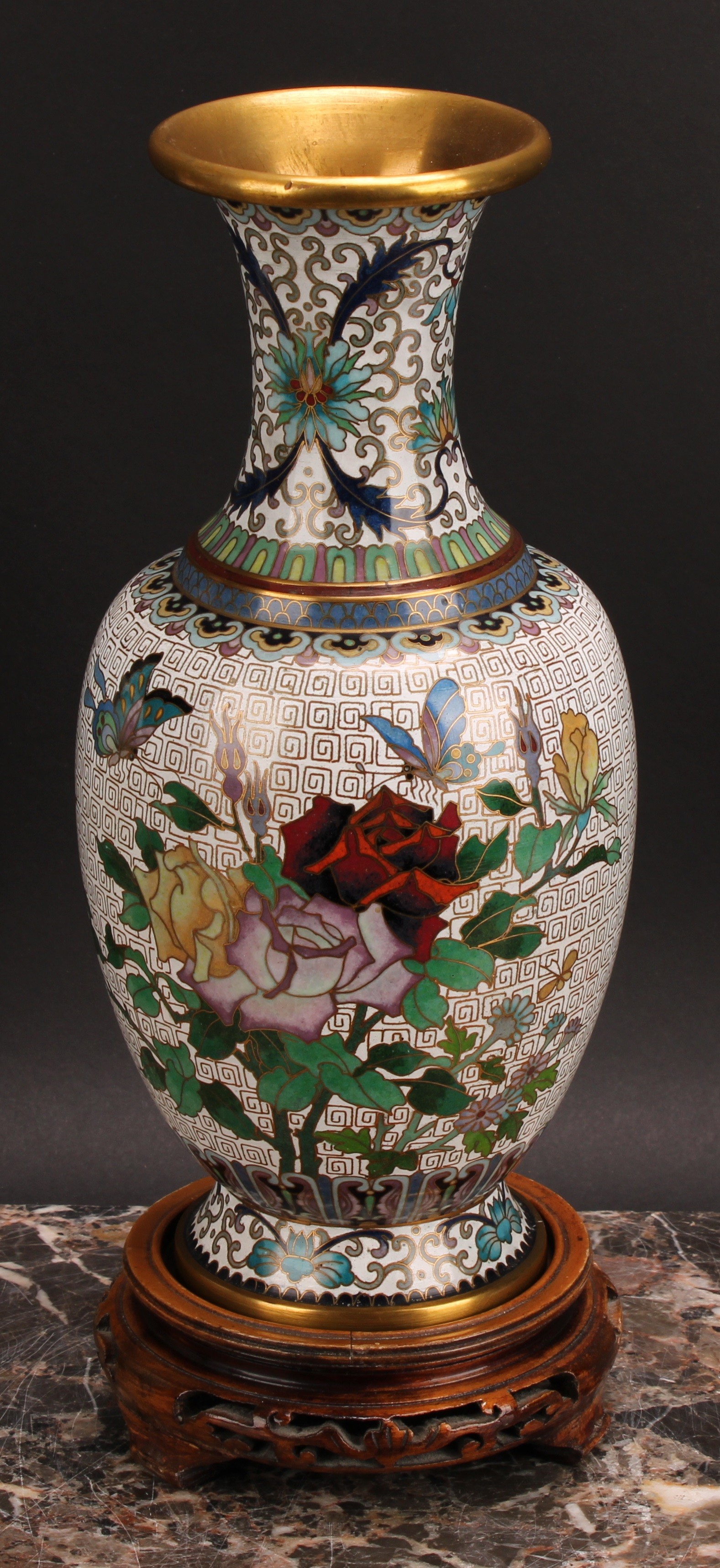 A pair of Japanese cloisonné enamel baluster vases, decorated with flowers and butterflies, hardwood - Image 2 of 7
