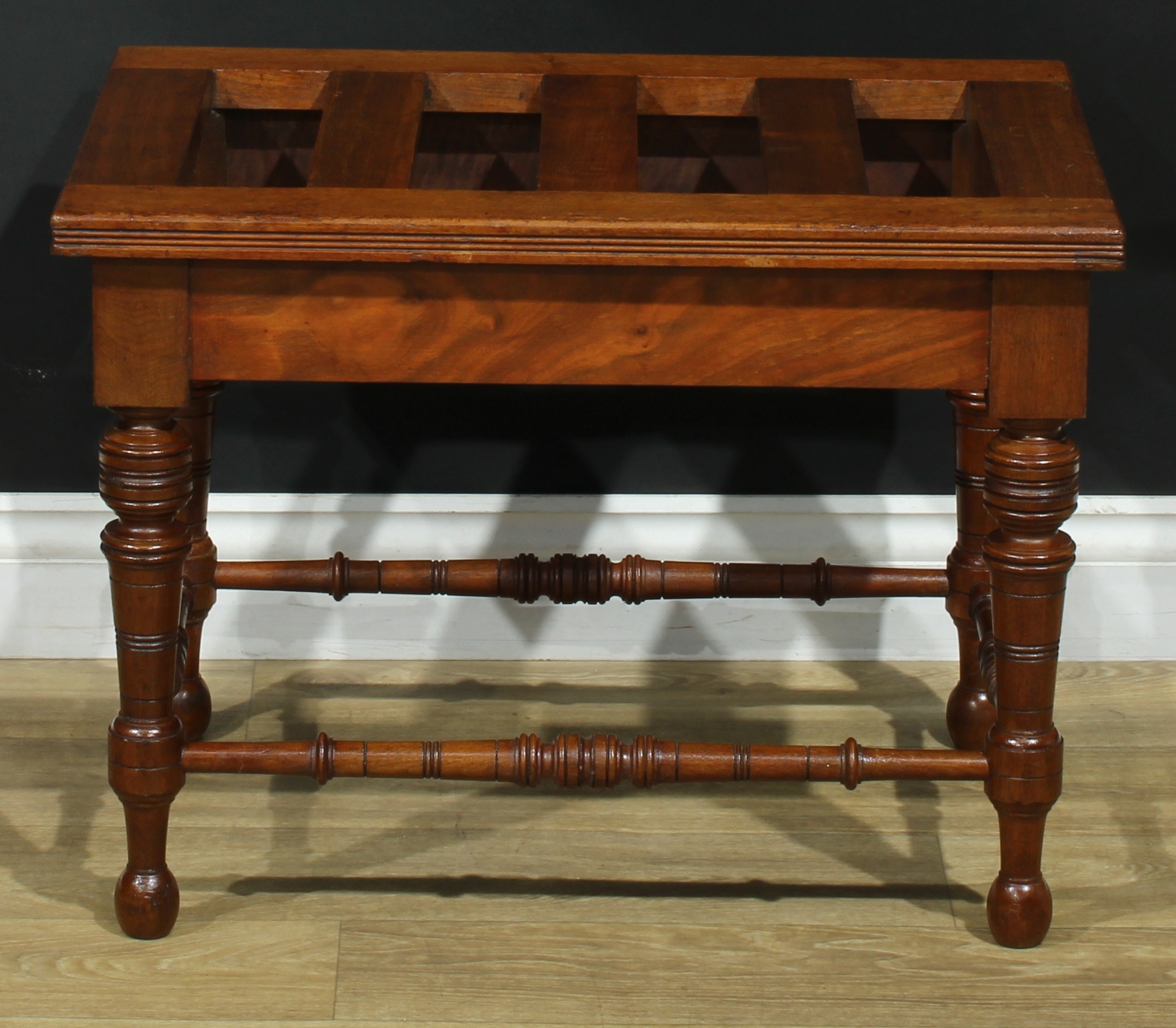 A pair of late Victorian walnut and mahogany rectangular luggage stands, each with oversailing - Image 5 of 9