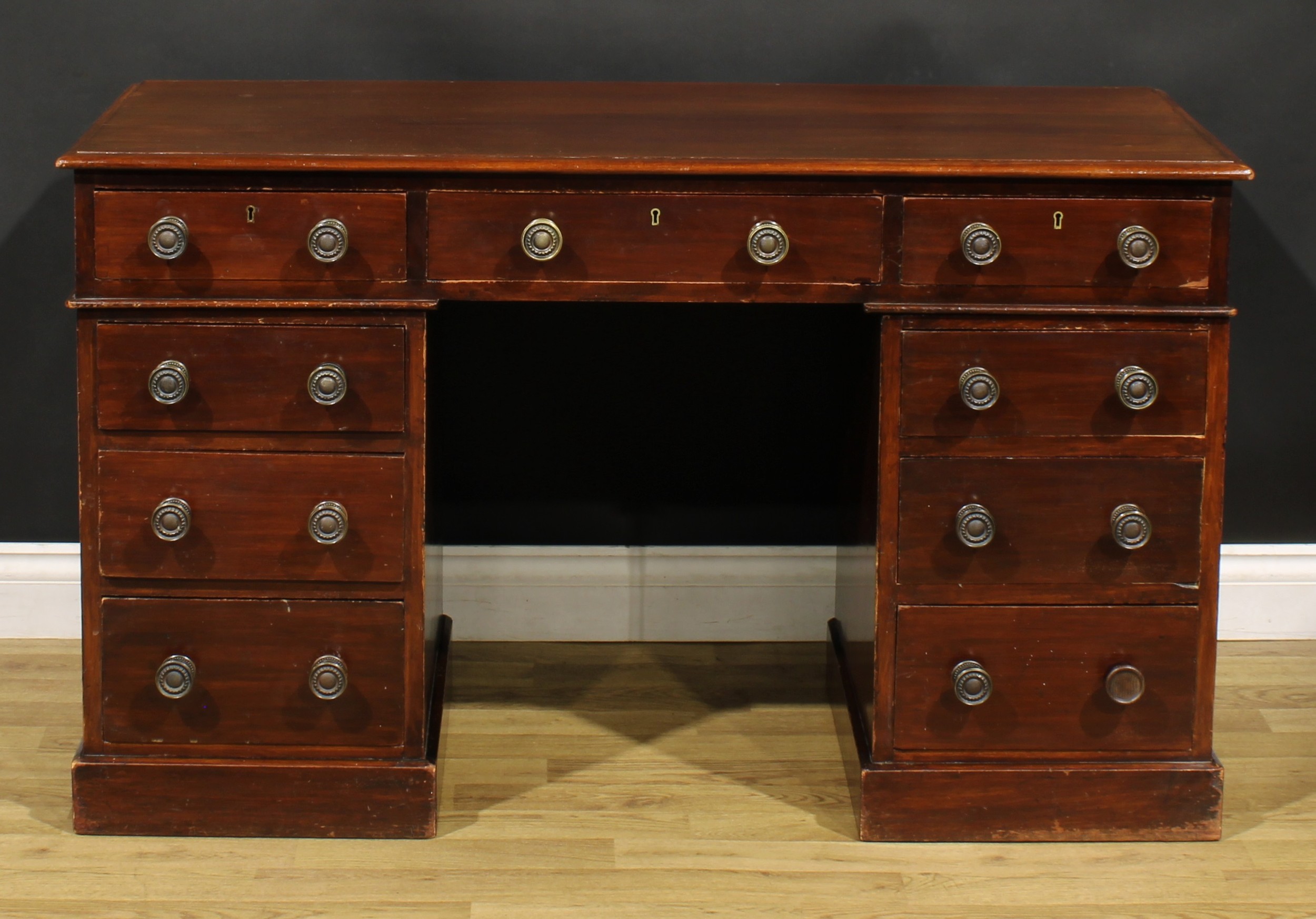 A late Victorian mahogany twin pedestal desk, by Heal & Son, London, rectangular top above an - Image 2 of 7