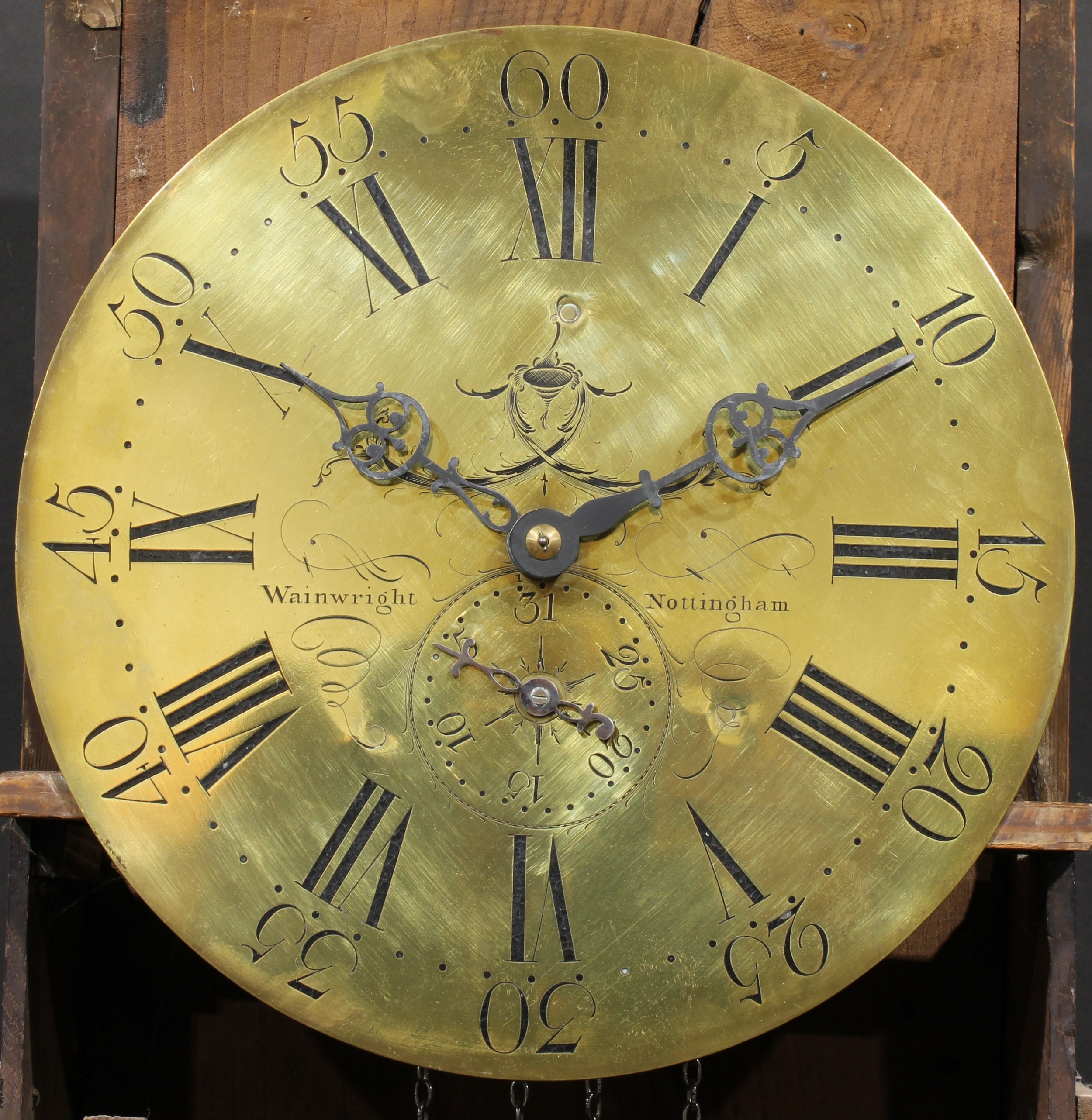 A George III oak longcase clock, 33cm circular brass dial inscribed Wainwright, Nottingham, Roman - Image 4 of 6