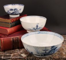 A Chaffers Liverpool punch bowl, painted in Chinoiserie style in underglaze blue, with a