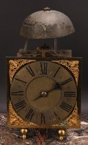 An 18th century brass and iron posted frame clock, of transitional lantern-to-longcase form, 18.