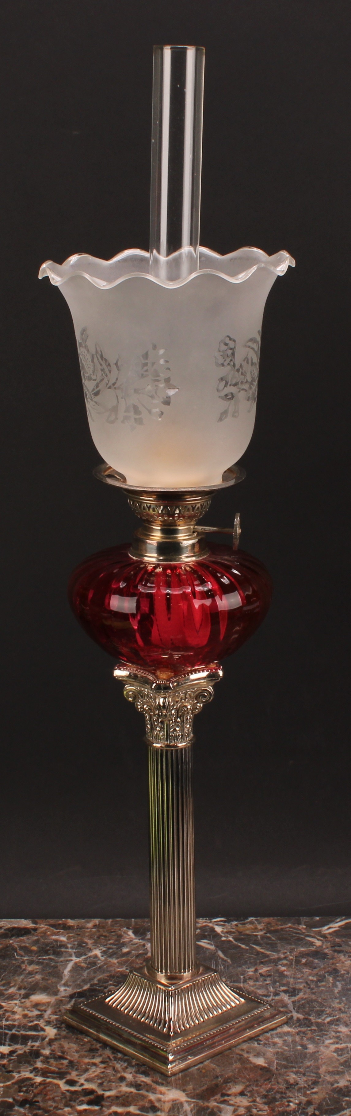 A pair of EPNS Corinthian column table oil lamps, frilled shades, fluted glass reservoirs, 54cm high - Image 6 of 6