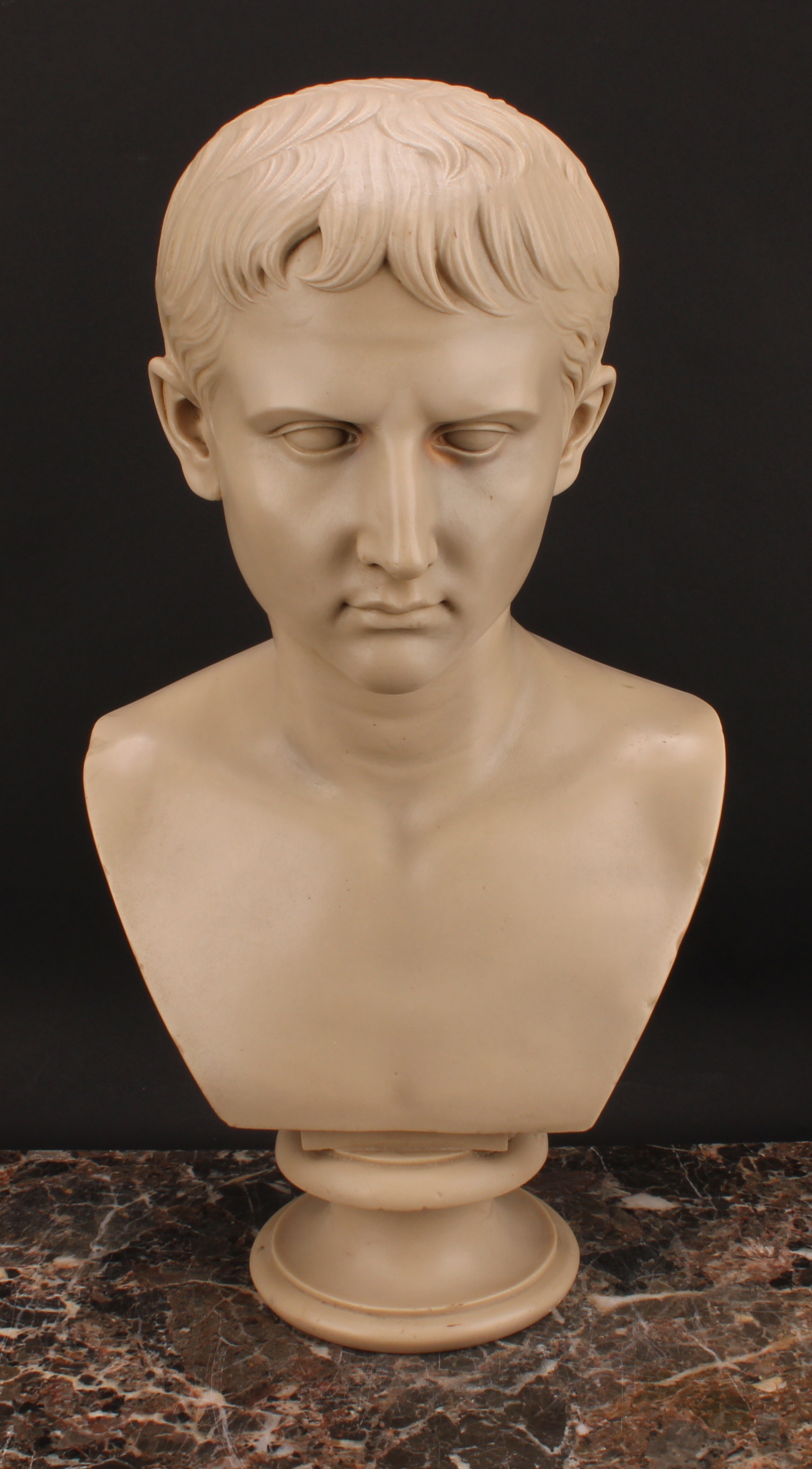 A Grand Tour style composition library bust, Gaius Julius Caesar Augustus, waisted socle, 53cm high - Image 2 of 4