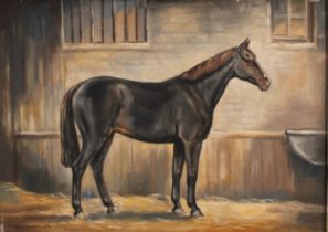 Roy Beddington (1910-1995) Black Horse in a Stable, signed, oil on canvas, 38.5cm x 54cm