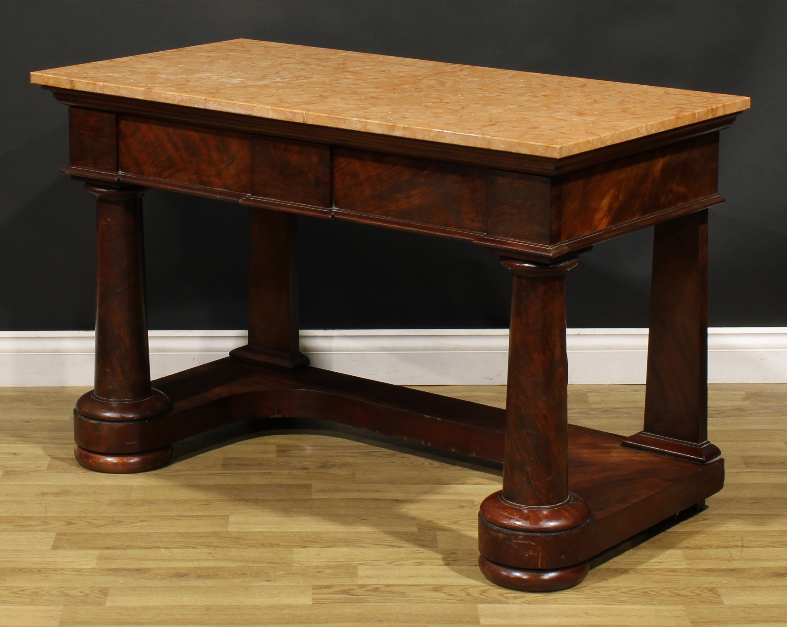 A Victorian mahogany pier table, marble top above two frieze drawers, spreading cylindrical - Image 5 of 6