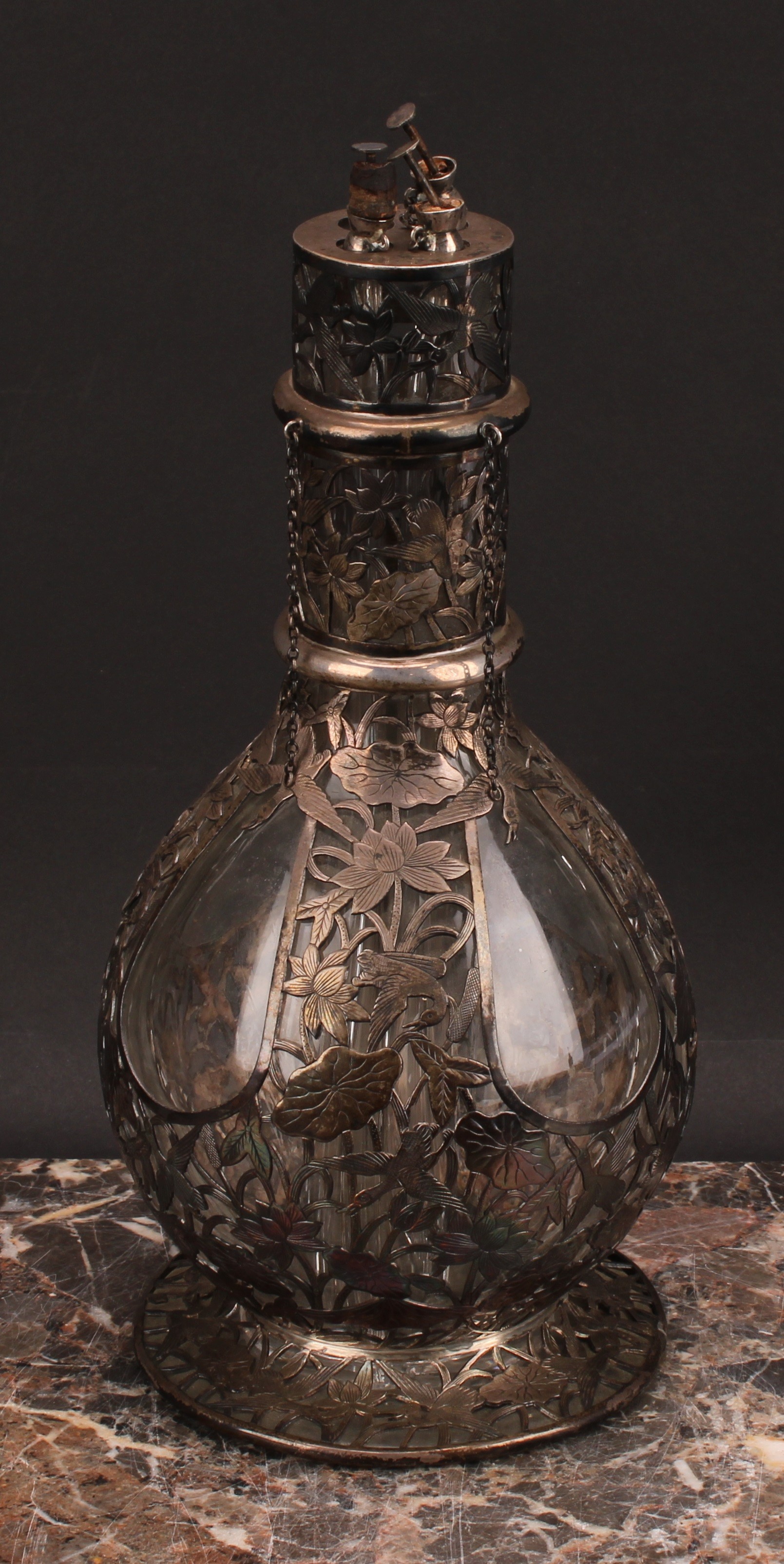 A Chinese silver mounted four-section decanter, the fittings pierced and engraved with with water - Image 3 of 3