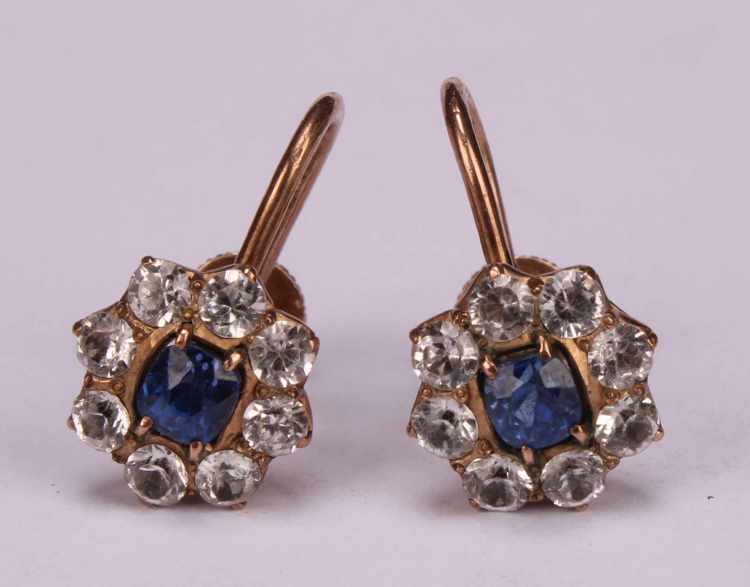 A pair of 19th century paste sapphire and diamond effect cluster earrings, rose and white mental - Image 5 of 5