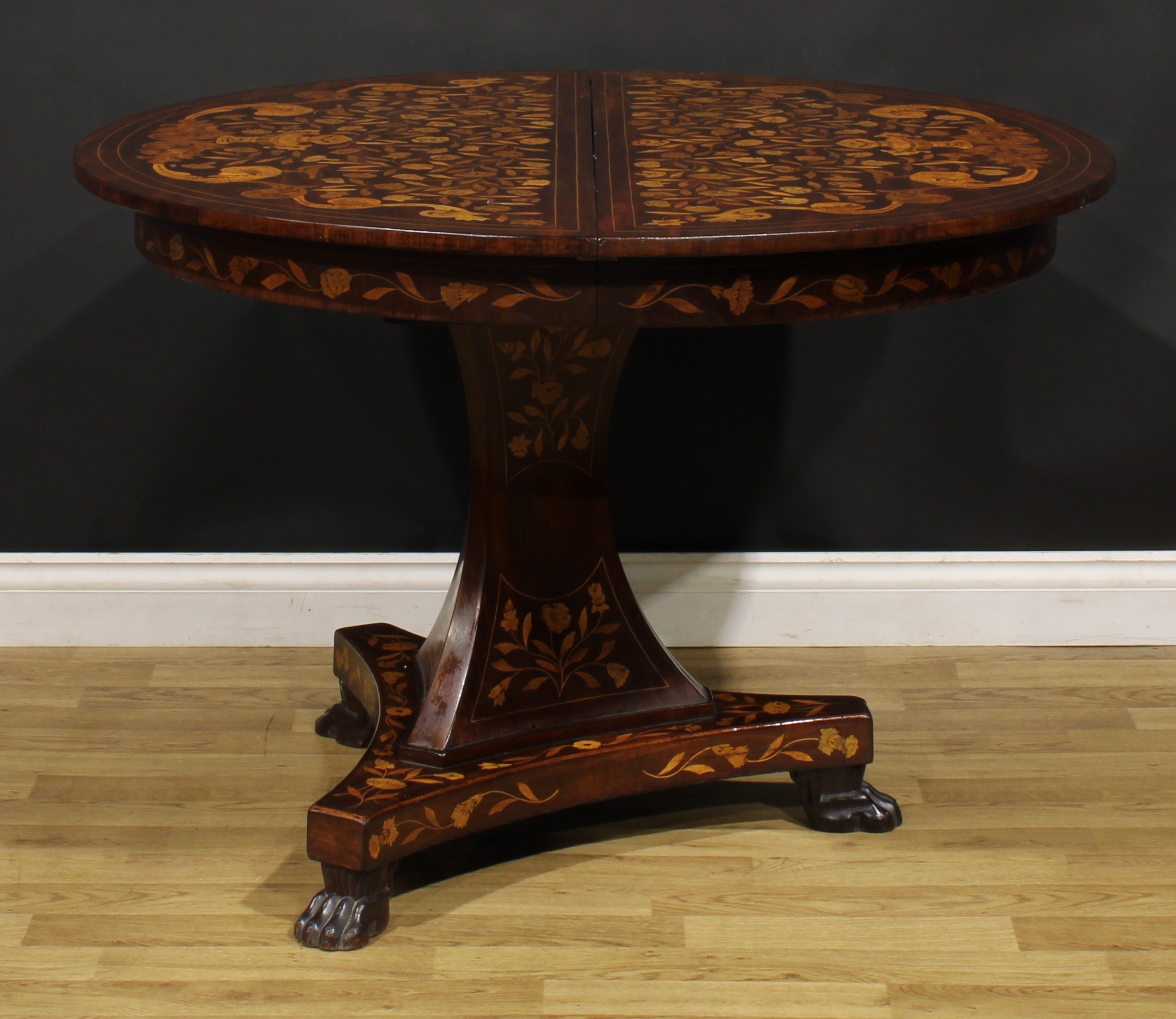 A 19th century Dutch marquetry extending dining table, discorectangular top with one additional - Image 3 of 4