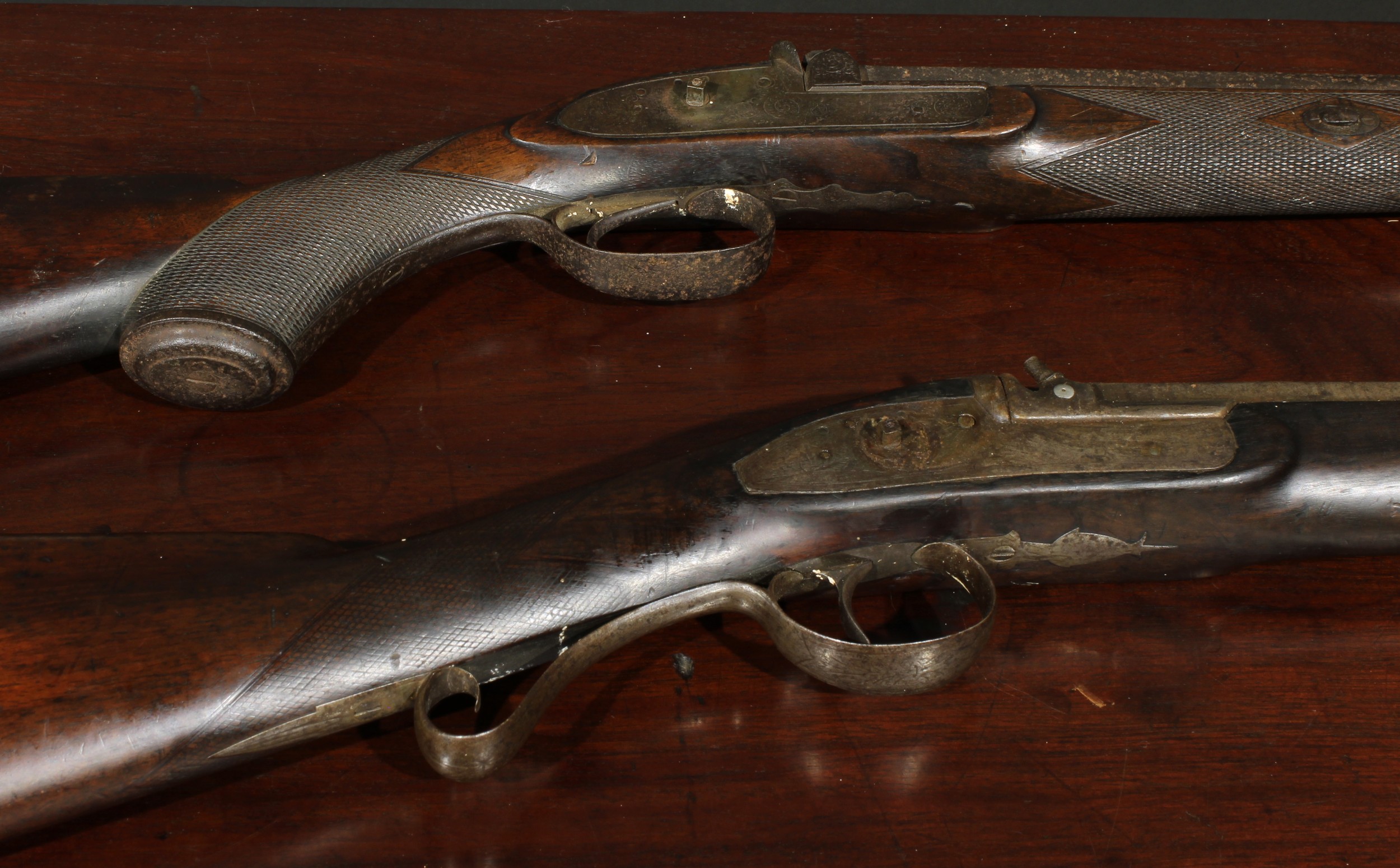 A 19th century percussion sporting rifle, 80cm barrel, walnut stock ...