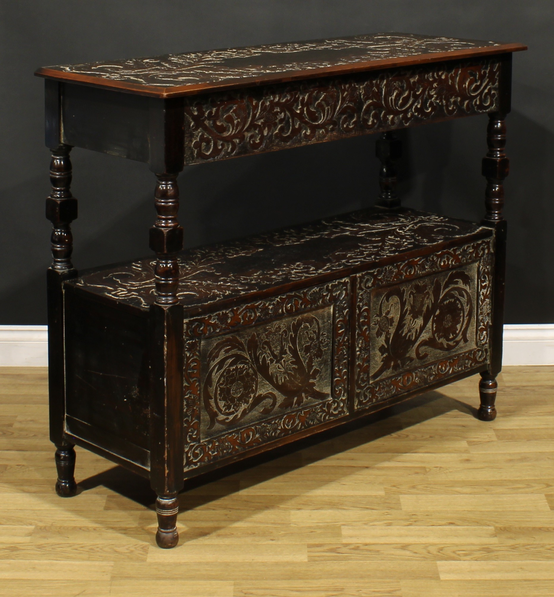 An Arts & Crafts period two-tier buffet serving table, drawer to frieze, doors to base, carved - Image 3 of 6