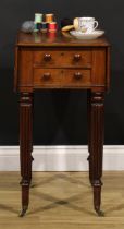 A George IV mahogany work table, rounded rectangular top with fall leaves above a pair of frieze