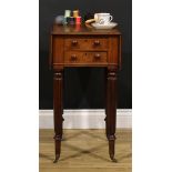 A George IV mahogany work table, rounded rectangular top with fall leaves above a pair of frieze