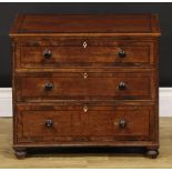 Miniature Furniture - a 19th century mahogany chest, of three long graduated drawers, bone