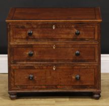 Miniature Furniture - a 19th century mahogany chest, of three long graduated drawers, bone