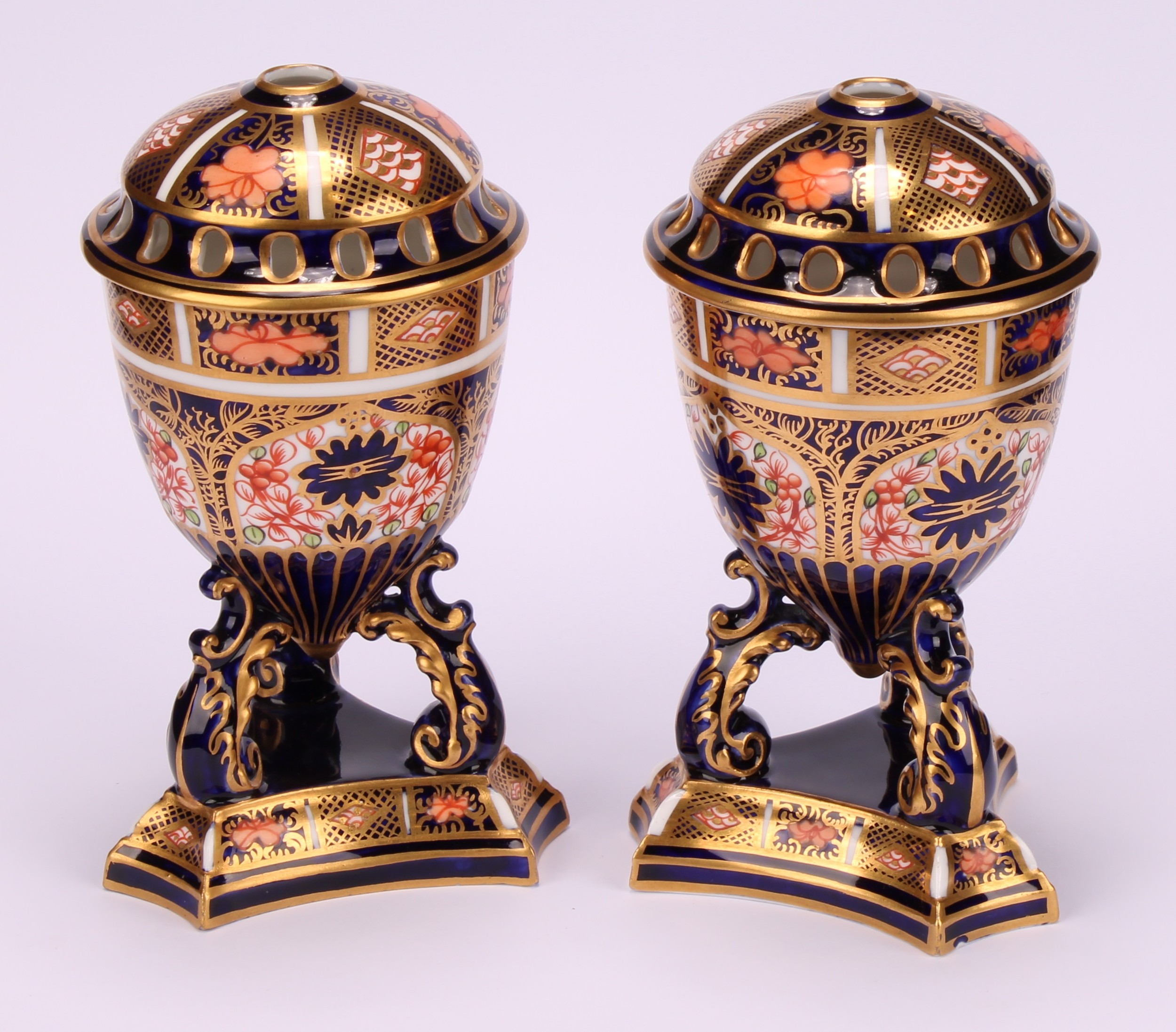 A pair of Royal Crown Derby 1128 Imari pattern egg shaped pedestal pot pourri jars and covers, - Image 2 of 12