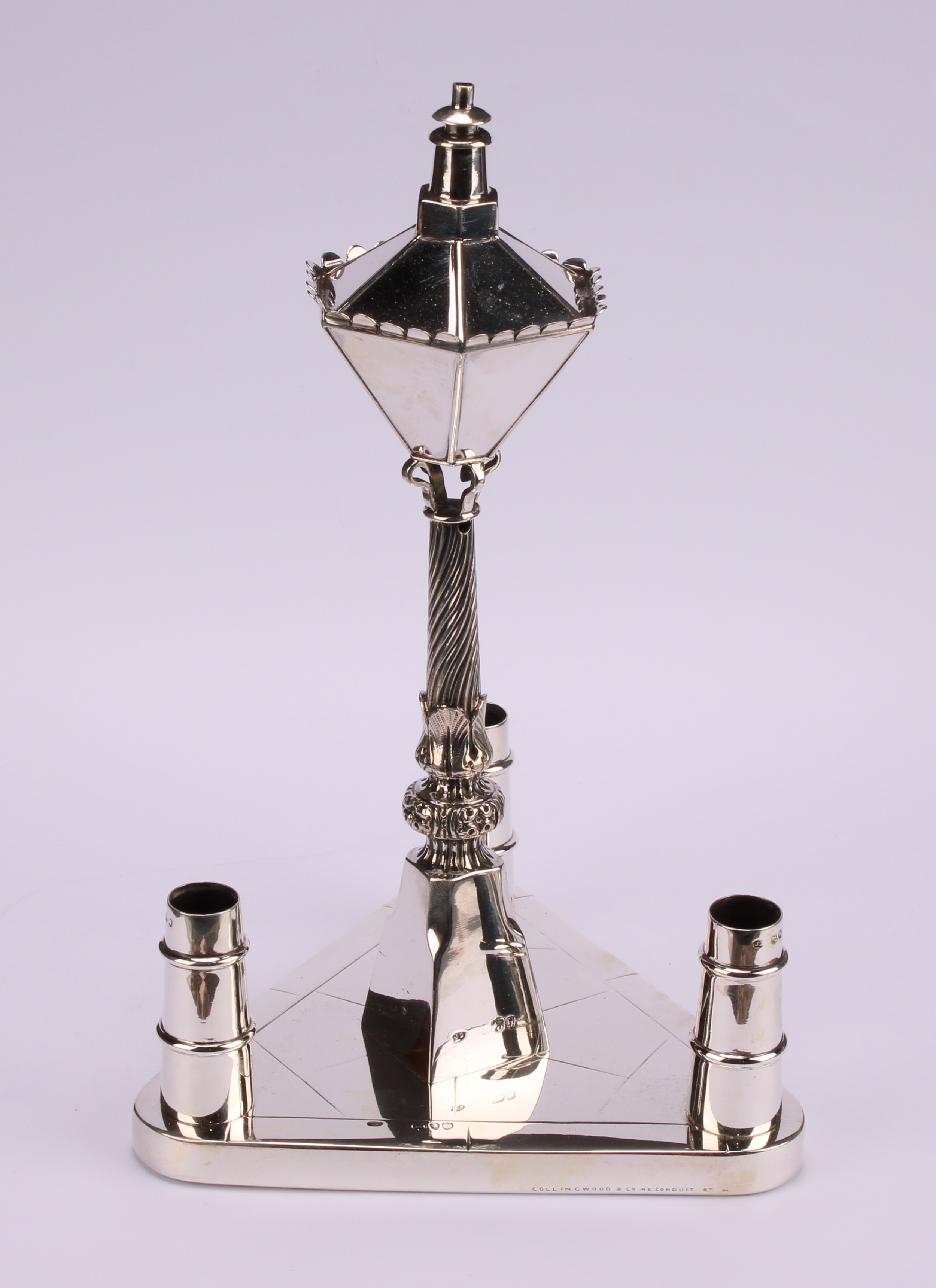 A Victorian silver novelty table centre cigar lighter, as a street lamp, the triform base with three - Image 2 of 4