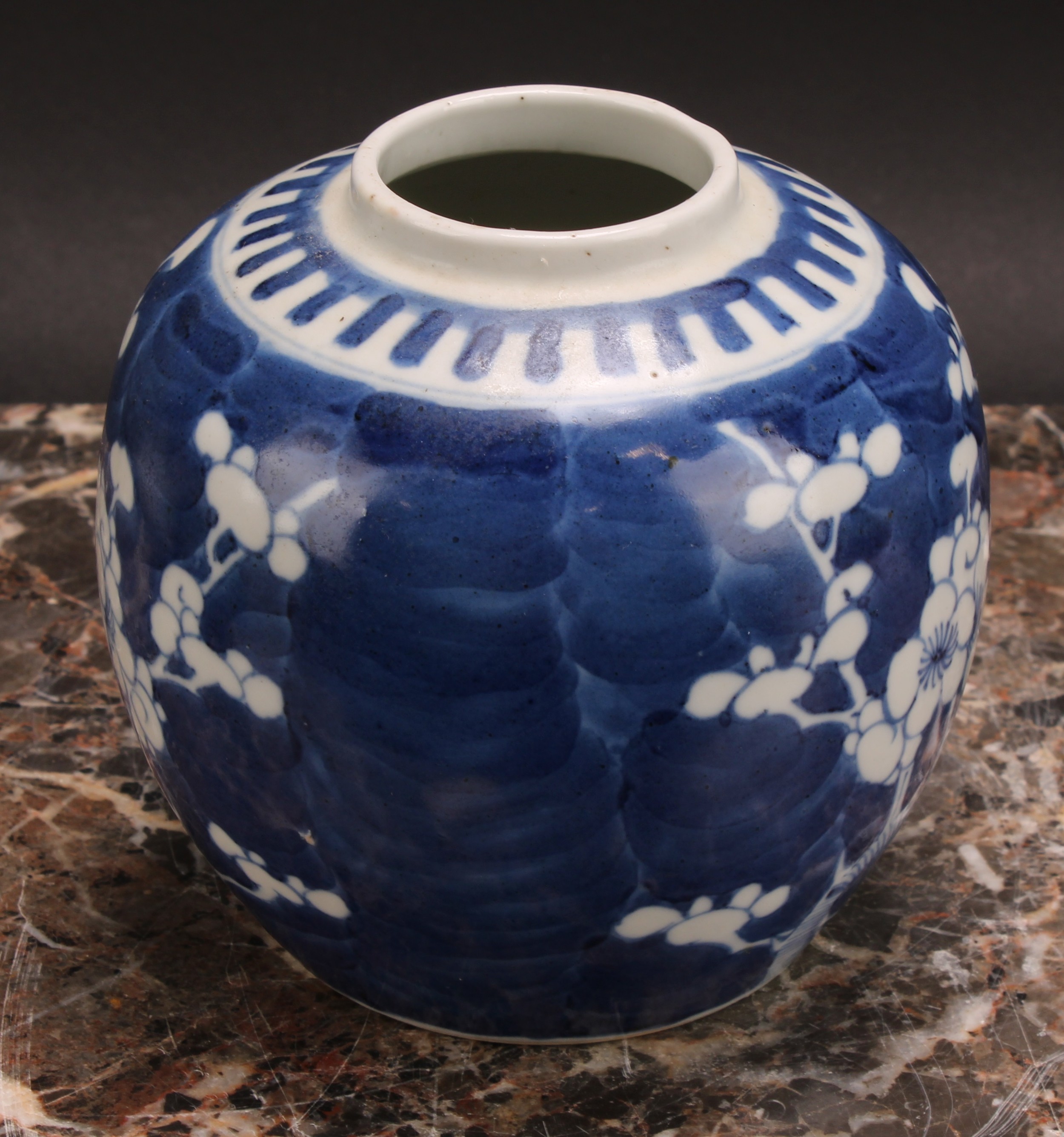 A Chinese ovoid ginger jar, painted in tones of underglaze blue with blossoming prunus on a ground - Image 7 of 9