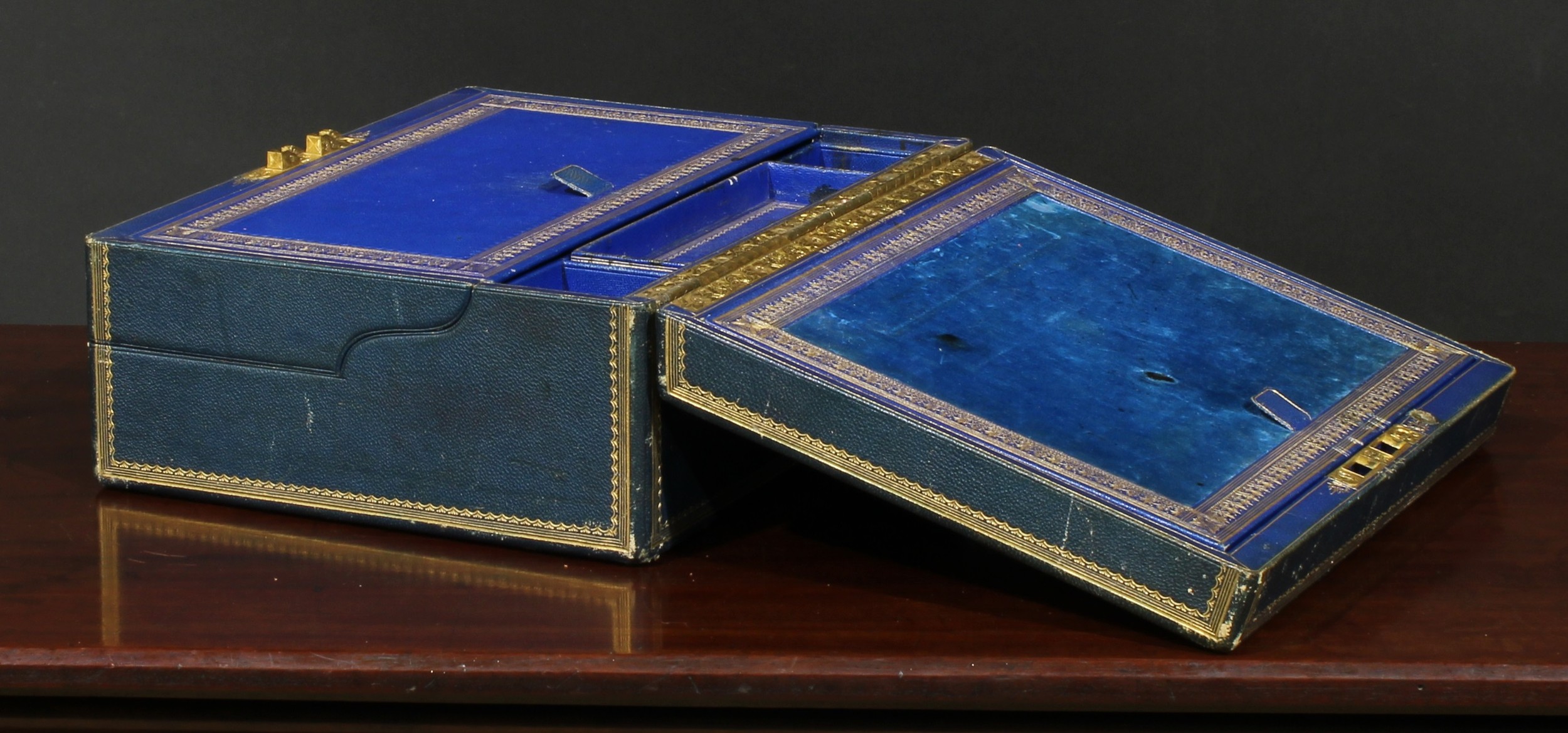 A Victorian tooled and gilt blue Morocco leather writing box, by W&J Milne, Edinburgh, hinged - Image 3 of 4