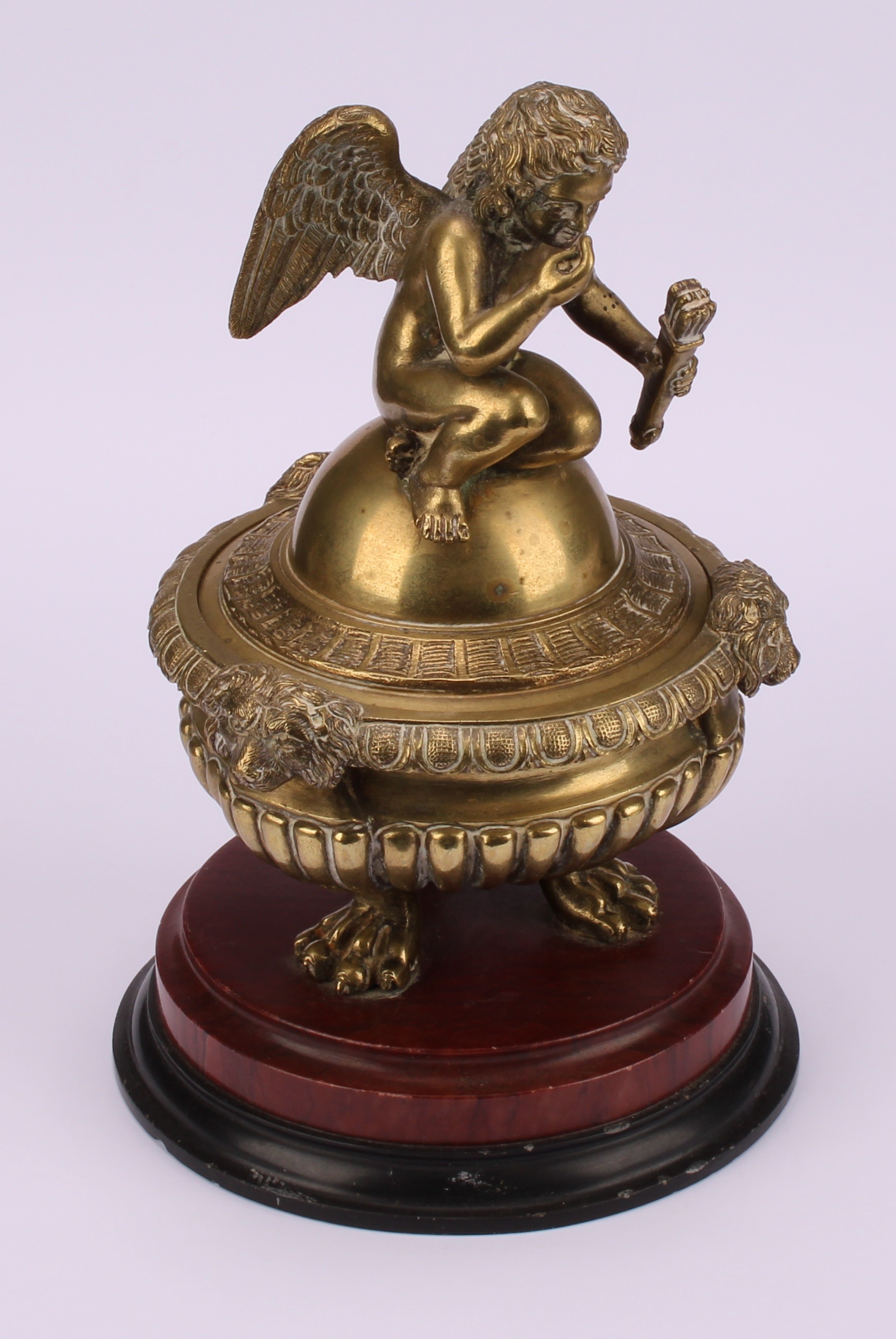 A 19th century post regency stop fluted campana shaped inkwell and cover, cast with a seated - Image 2 of 5