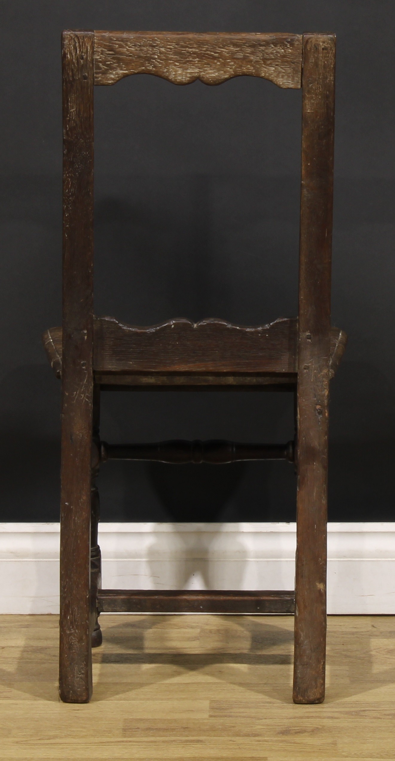 A near pair of 17th century oak backstools, boarded seats, turned legs and stretchers, one - Image 5 of 9