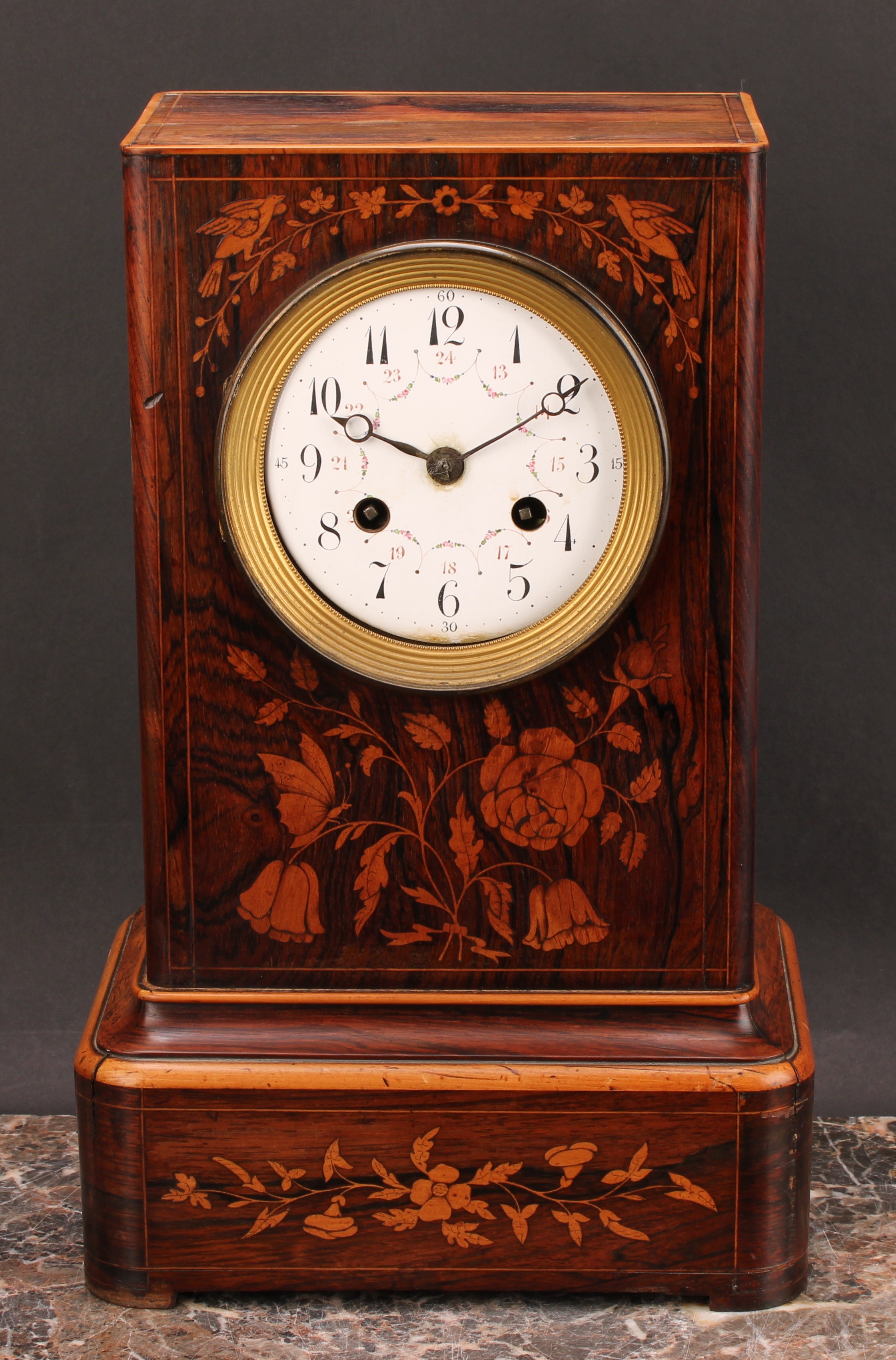 A 19th century French rosewood and marquetry mantel clock garniture, 10cm enamel dial inscribed with - Image 2 of 5